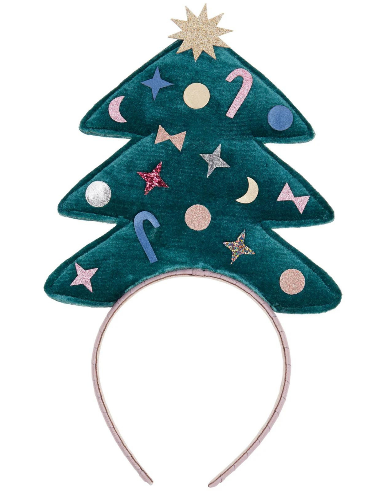Christmas tree headband with colorful decorations and a star on top, ideal for festive occasions.