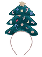 Christmas tree headband with colorful decorations and a star on top, ideal for festive occasions.