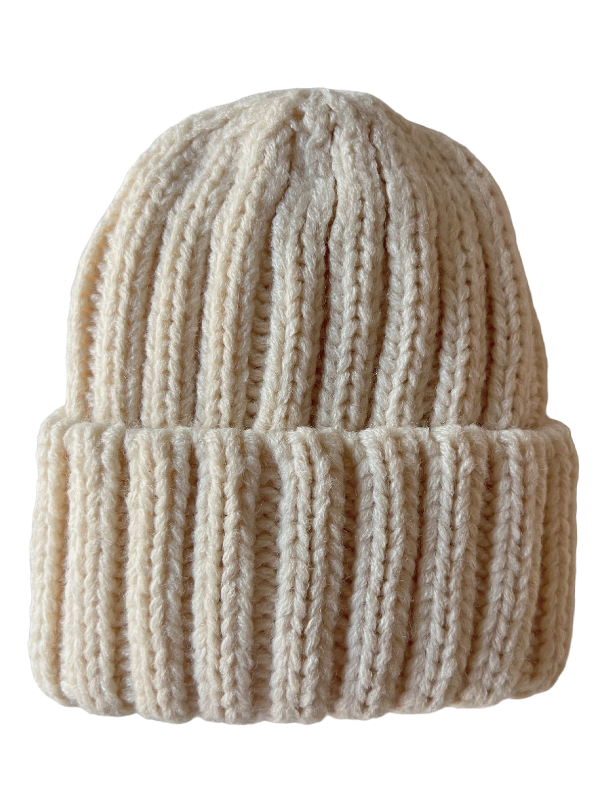 Cream-colored knitted beanie with vertical ribbed pattern, displayed on a white background.