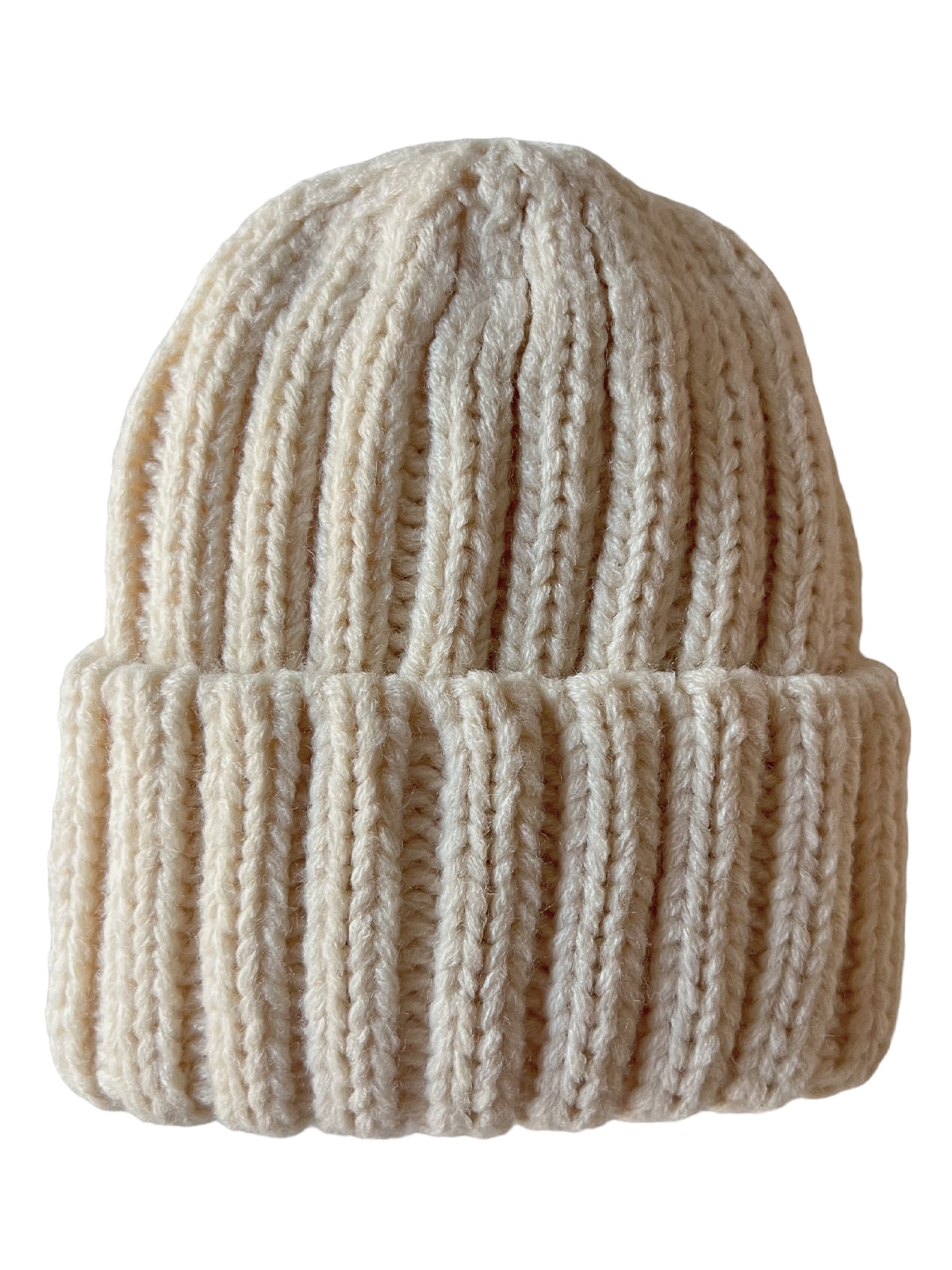 Cream-colored knitted beanie with vertical ribbed pattern, displayed on a white background.