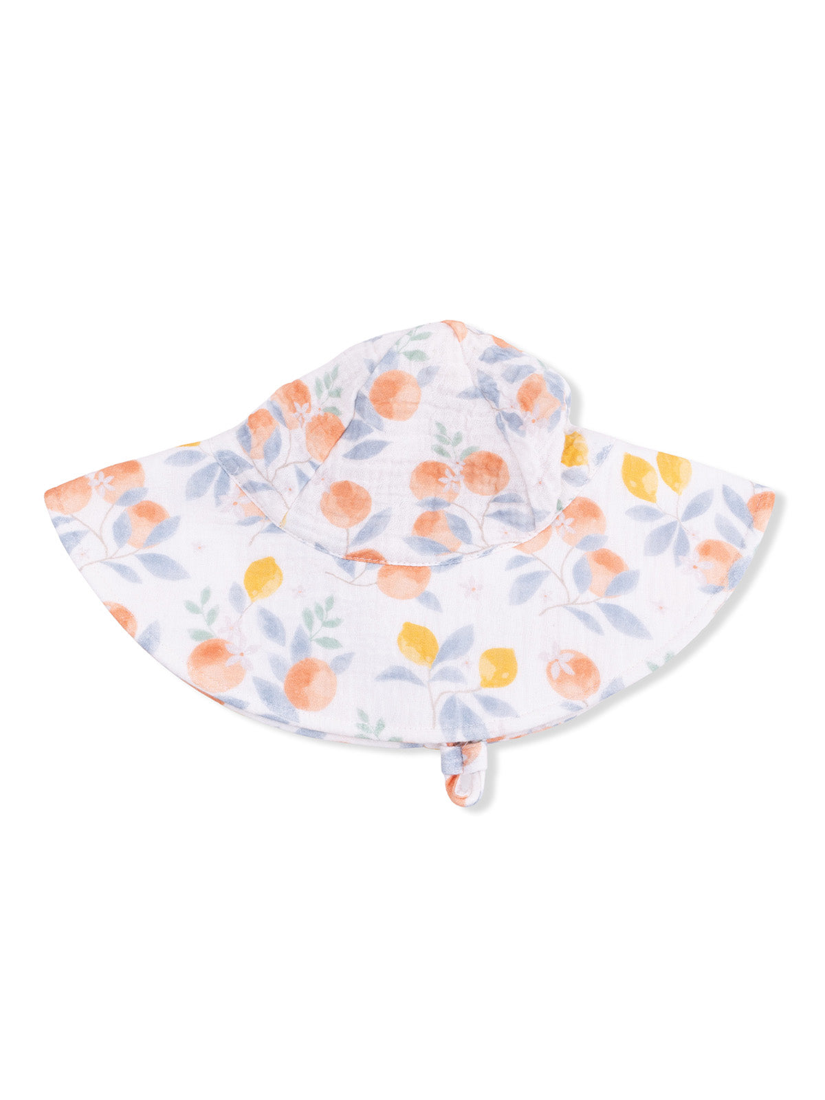 White hat with a floral pattern in orange, yellow, and green leaves.