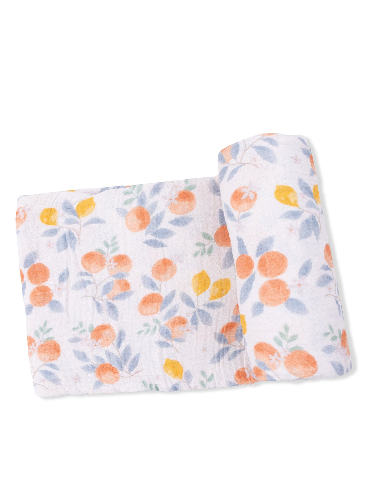 Floral patterned muslin blanket with orange and blue leaves, folded on a white background.