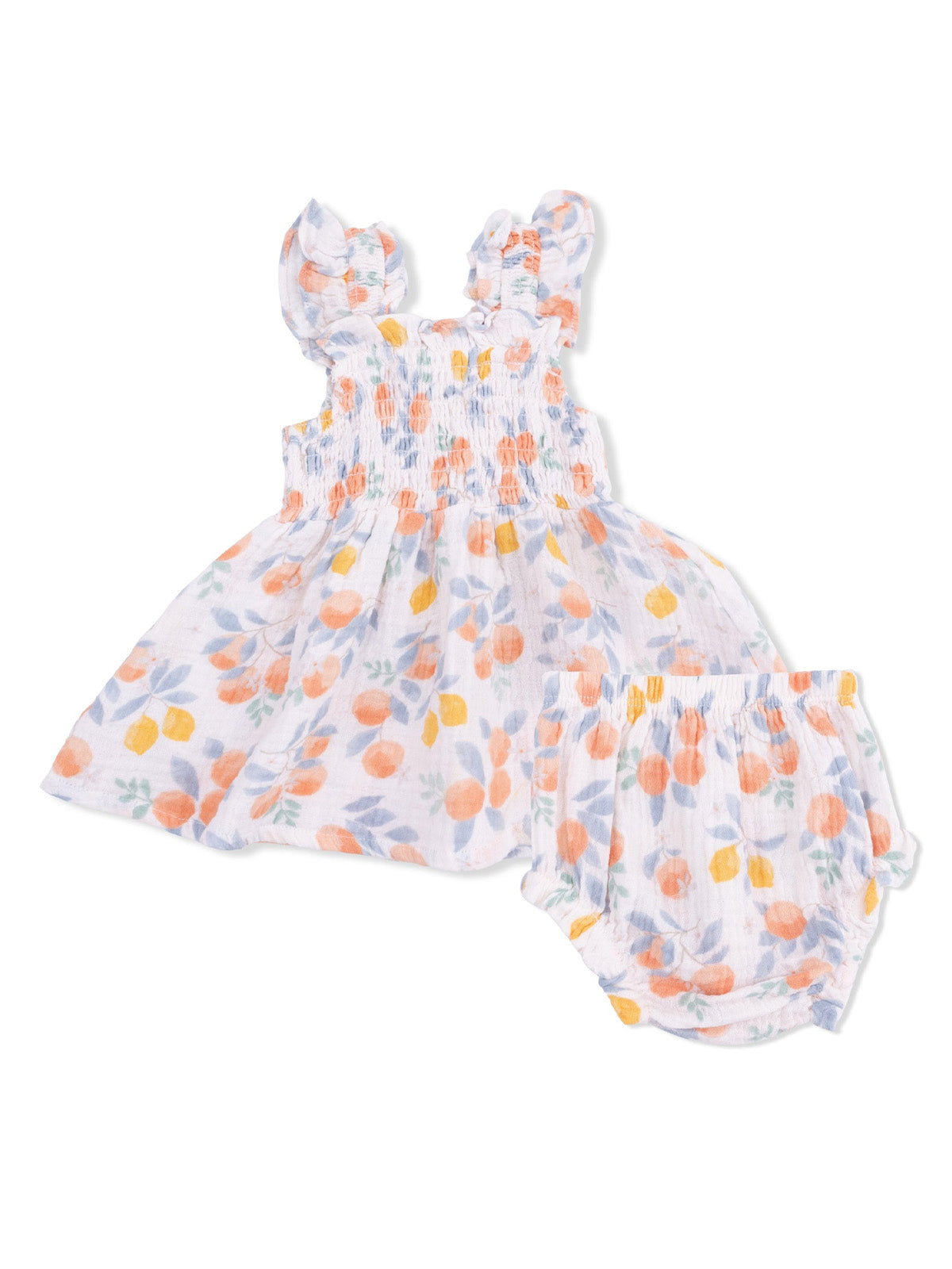 Girls' two-piece outfit featuring a smocked dress and matching bloomers with floral and fruit patterns.