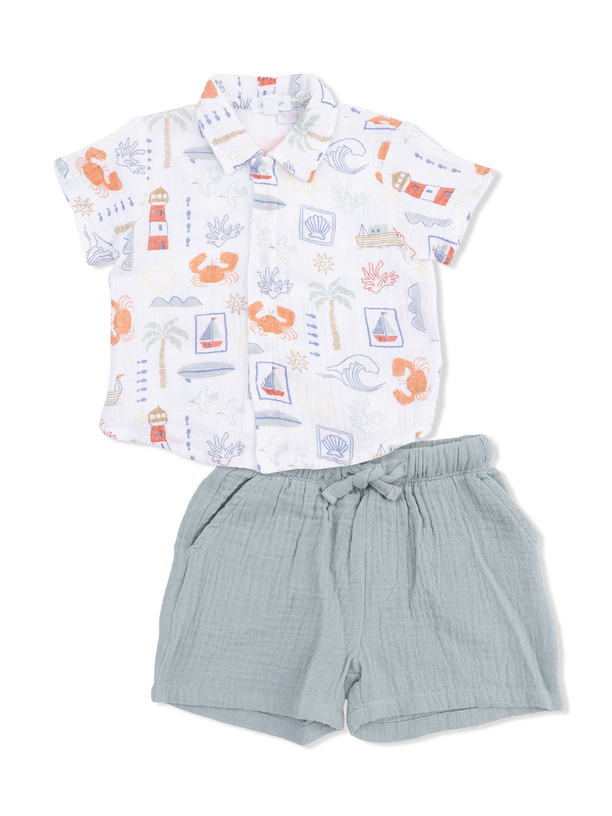 Kids' beach-themed short-sleeve shirt and light gray shorts set, featuring ocean-inspired prints.