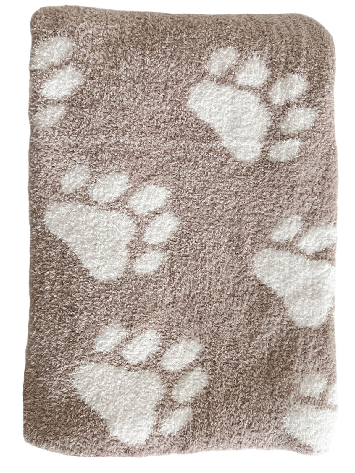 Brown blanket with white paw print patterns, soft and cozy for pets or home decor.