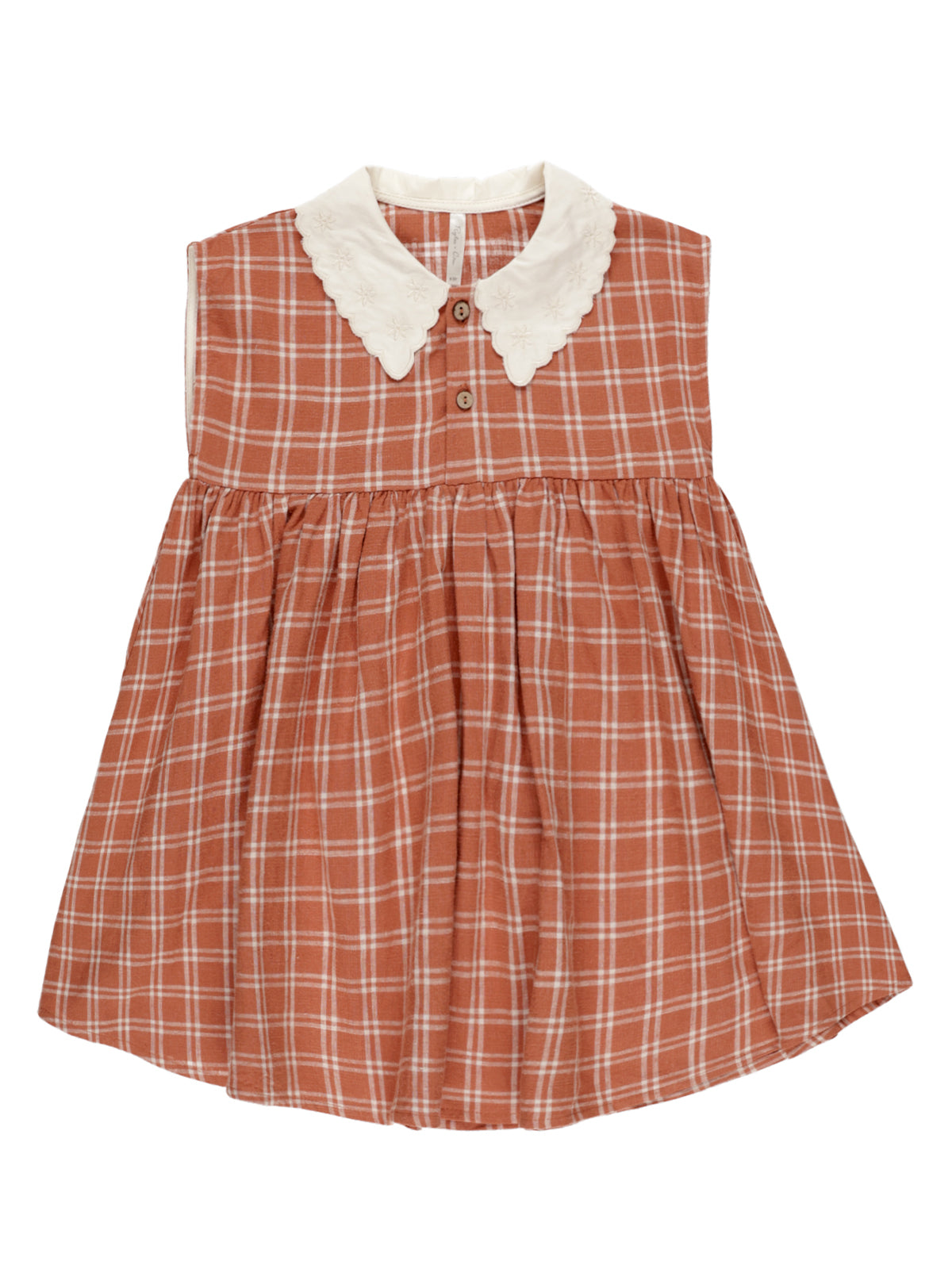 Rust plaid dress with a white scalloped collar and button front, perfect for casual wear.