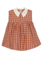 Rust plaid dress with a white scalloped collar and button front, perfect for casual wear.