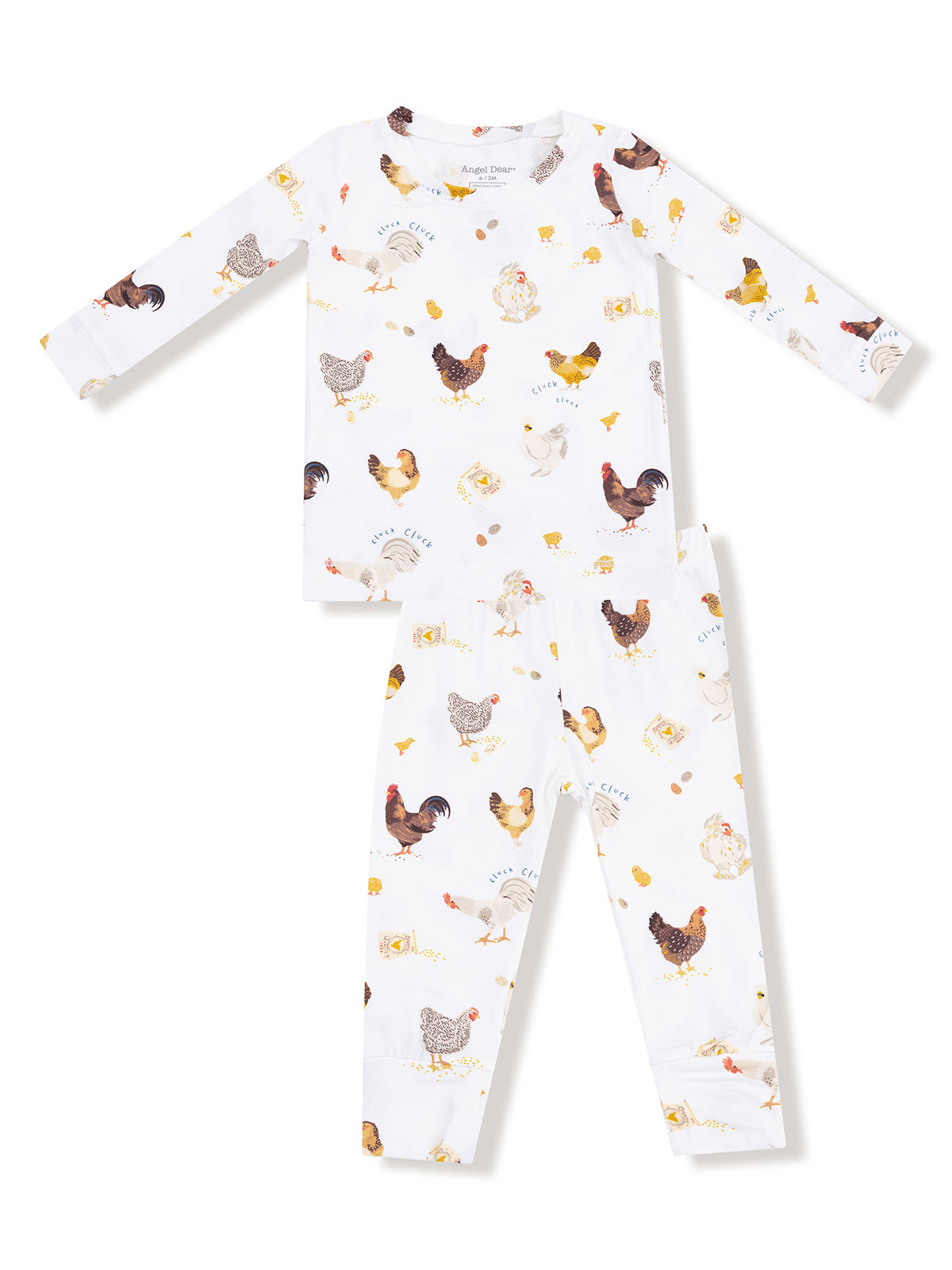 White kids' pajama set with colorful chicken patterns on the top and pants. Ideal for cozy sleeping.