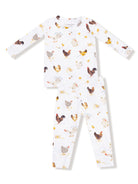 White kids' pajama set with colorful chicken patterns on the top and pants. Ideal for cozy sleeping.