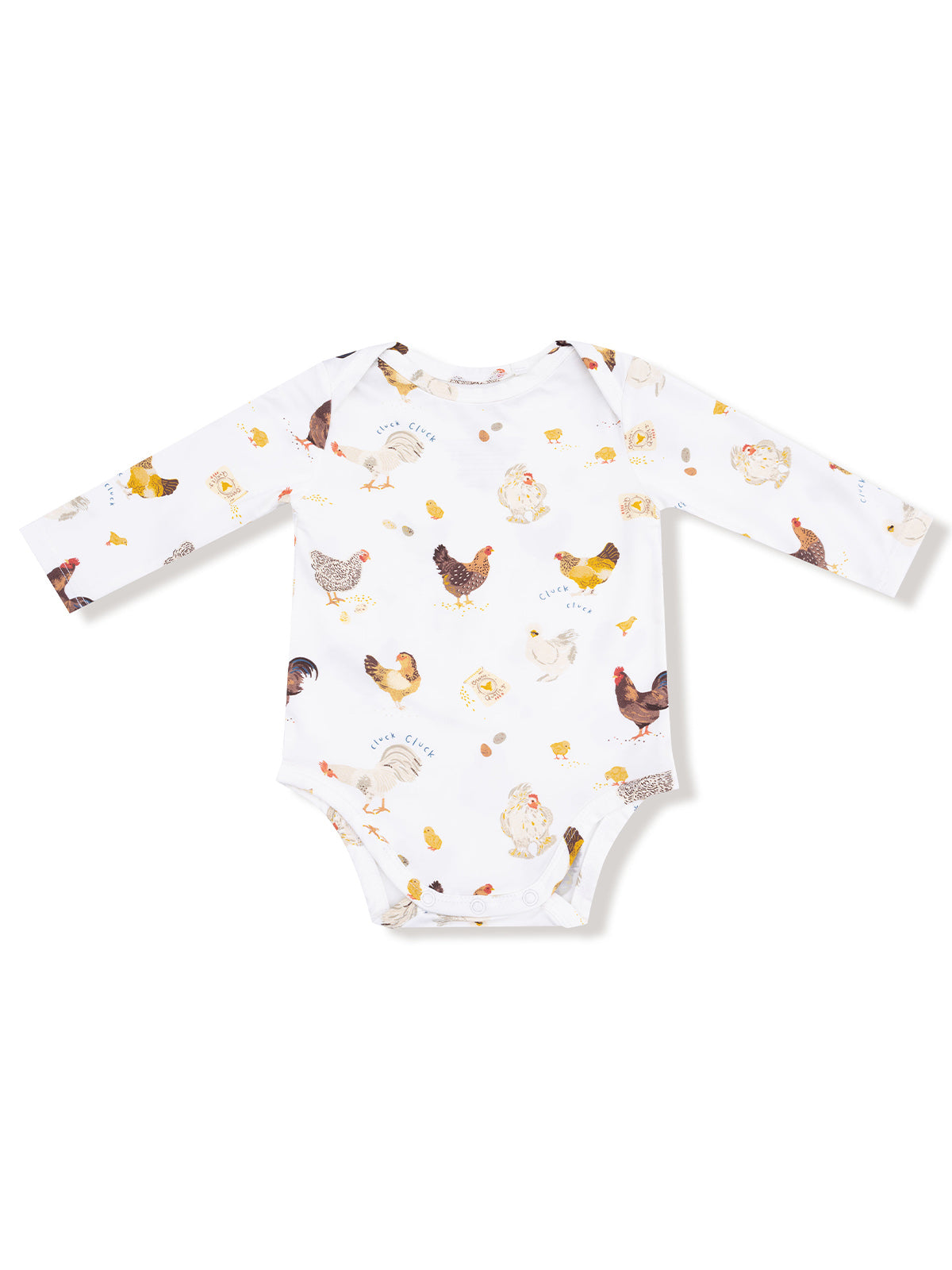 White baby onesie featuring colorful chicken illustrations and a playful "cluck" text pattern.