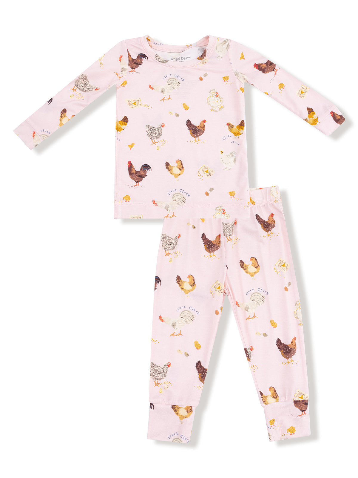 Pink pajama set with long sleeves and chicken prints, featuring a top and coordinating bottoms.