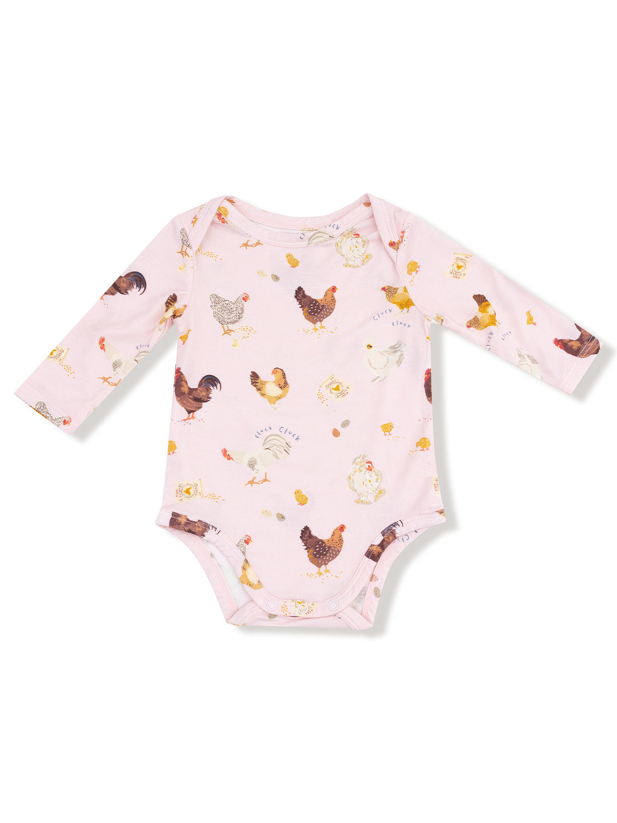 Pink baby bodysuit with illustrations of various chickens and eggs.