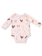 Pink baby bodysuit with illustrations of various chickens and eggs.