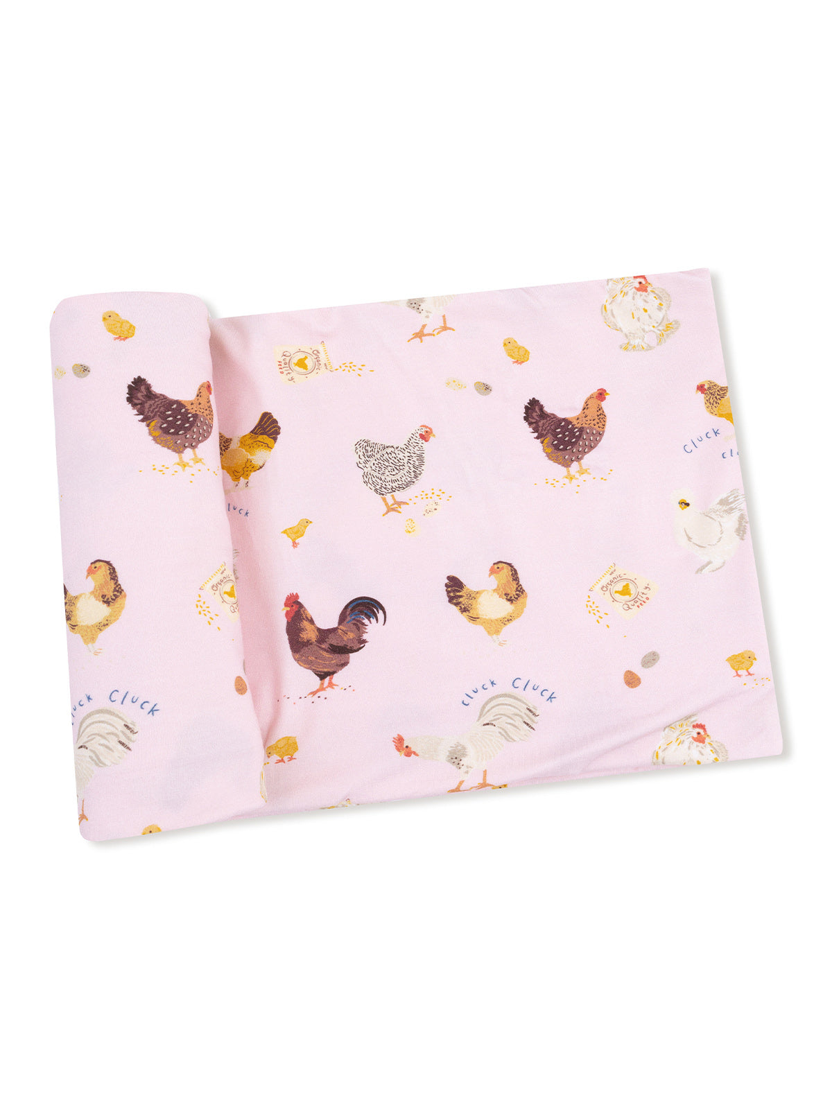 Pink fabric featuring colorful chicken illustrations and egg motifs. Ideal for crafting or home decor.