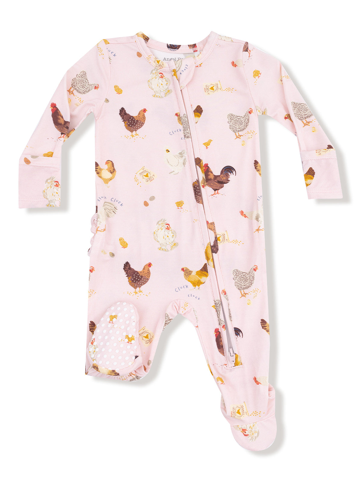 Pink baby onesie with chicken prints and zip closure, featuring long sleeves and footed design.