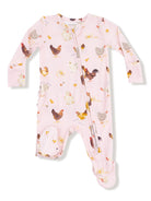 Pink baby onesie with chicken prints and zip closure, featuring long sleeves and footed design.