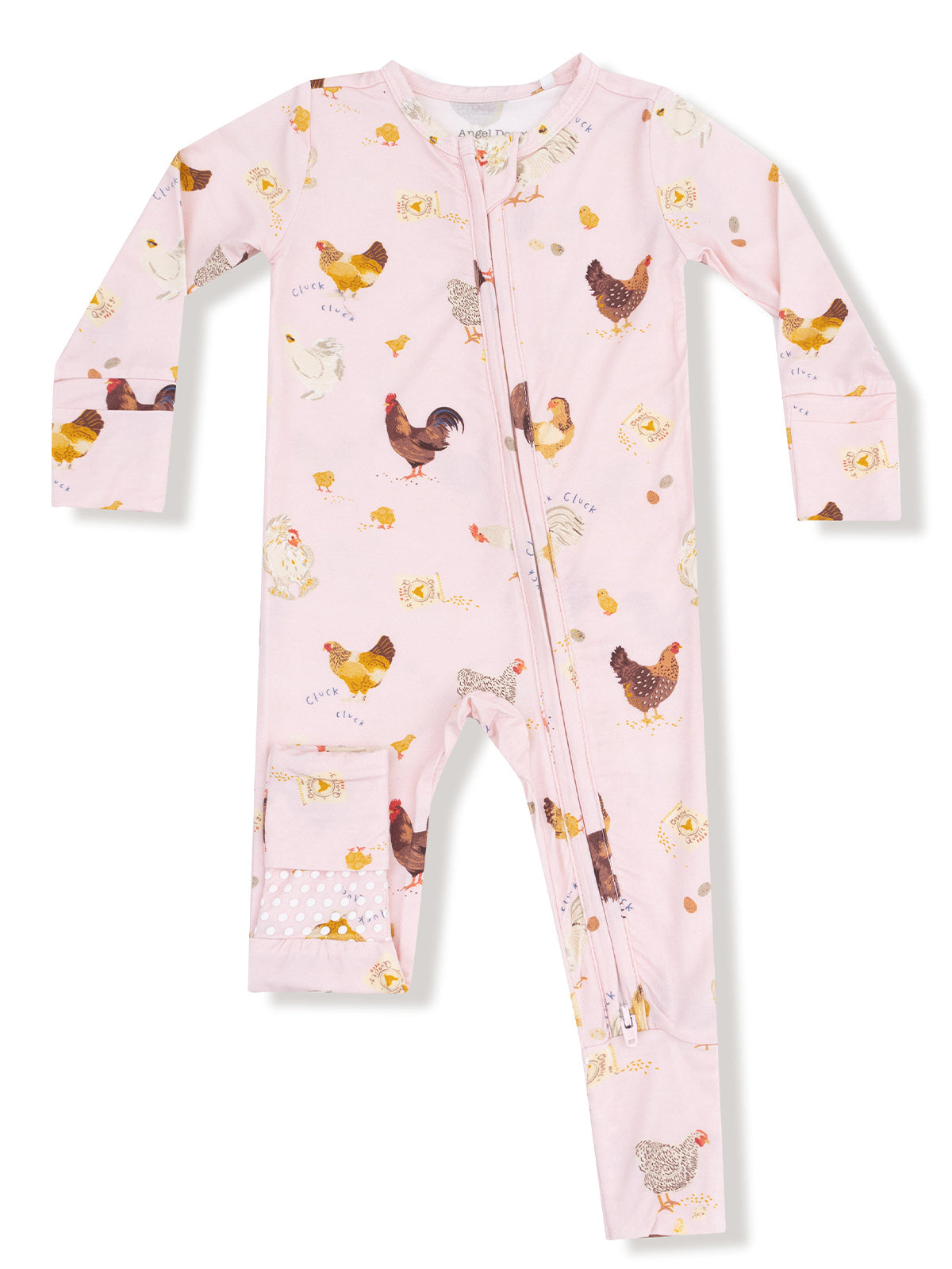 Pink children's onesie adorned with colorful chicken illustrations and a front zipper closure.