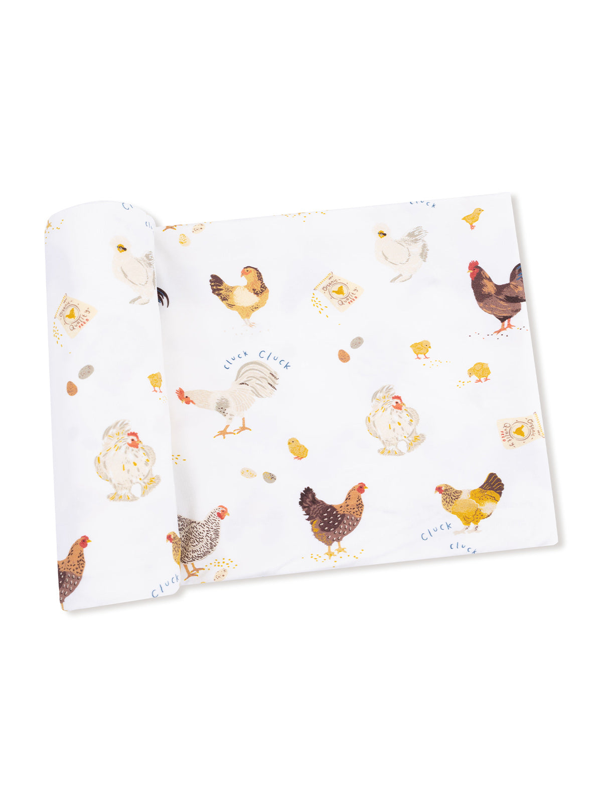 White wrapping paper featuring colorful illustrations of chickens and eggs with "cluck cluck" text.