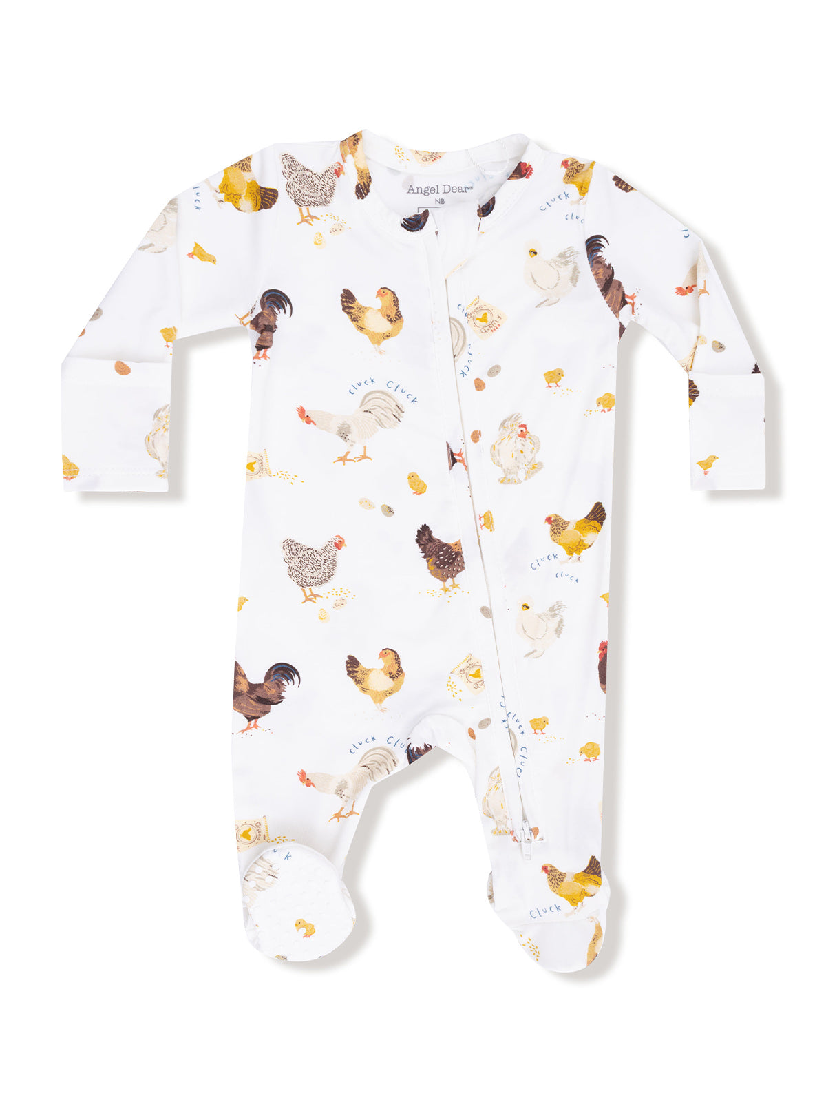 White baby romper with colorful chicken illustrations all over the fabric.