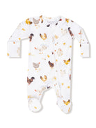 White baby romper with colorful chicken illustrations all over the fabric.