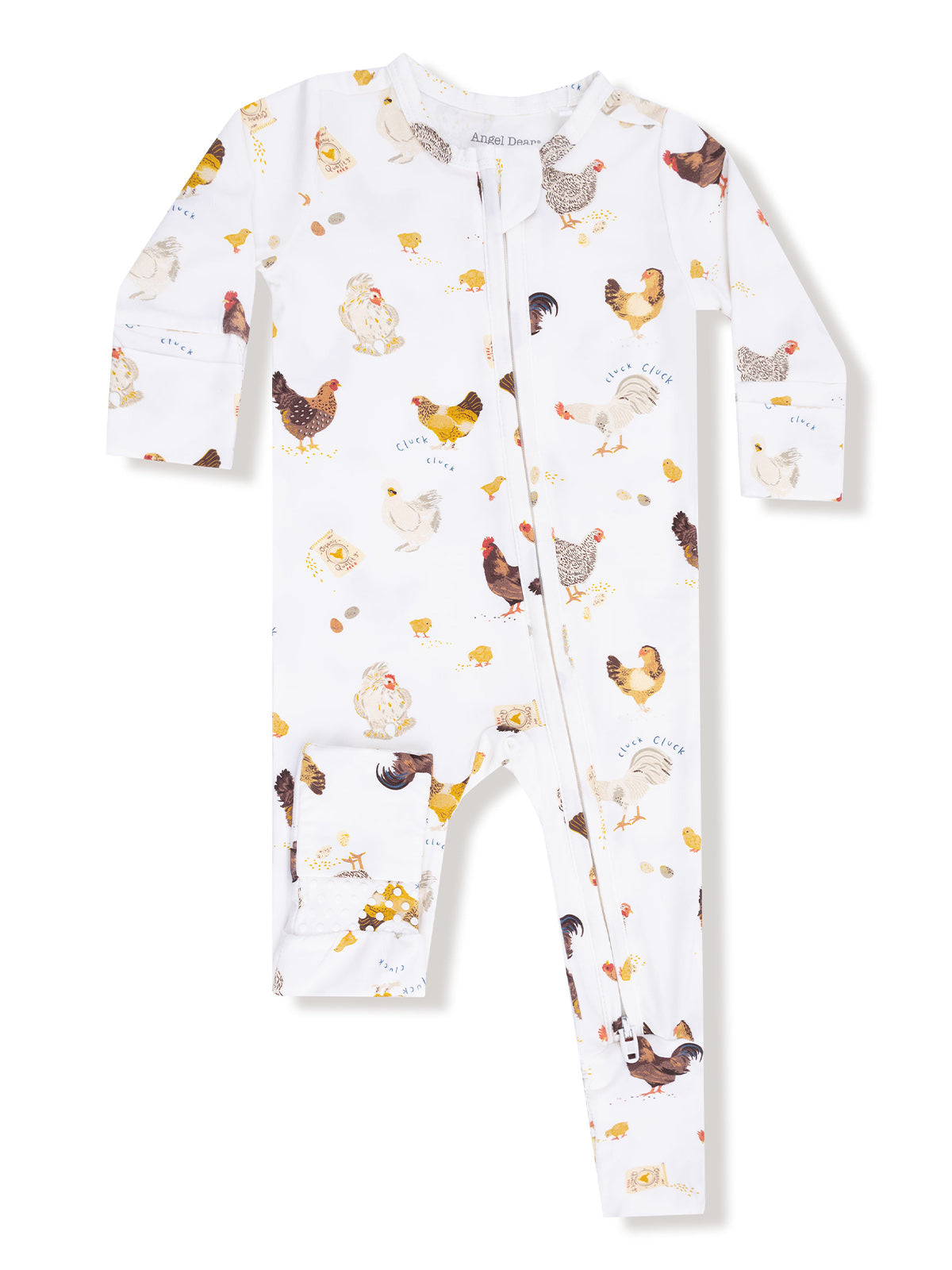 White baby onesie featuring playful chicken and egg prints, designed for comfort and style.