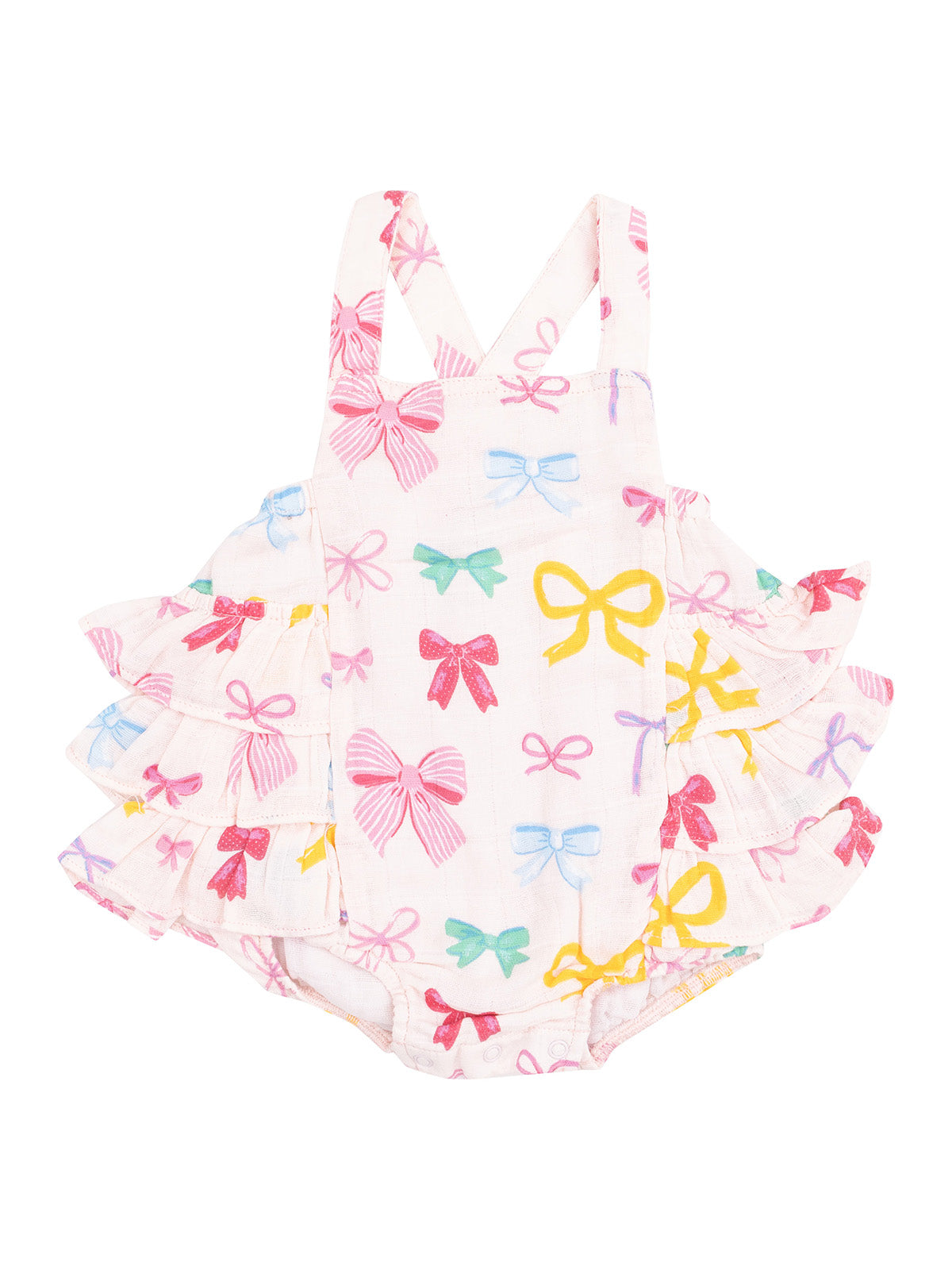 Pink ruffled swimsuit with colorful bow patterns, designed for little girls, perfect for summer outings.