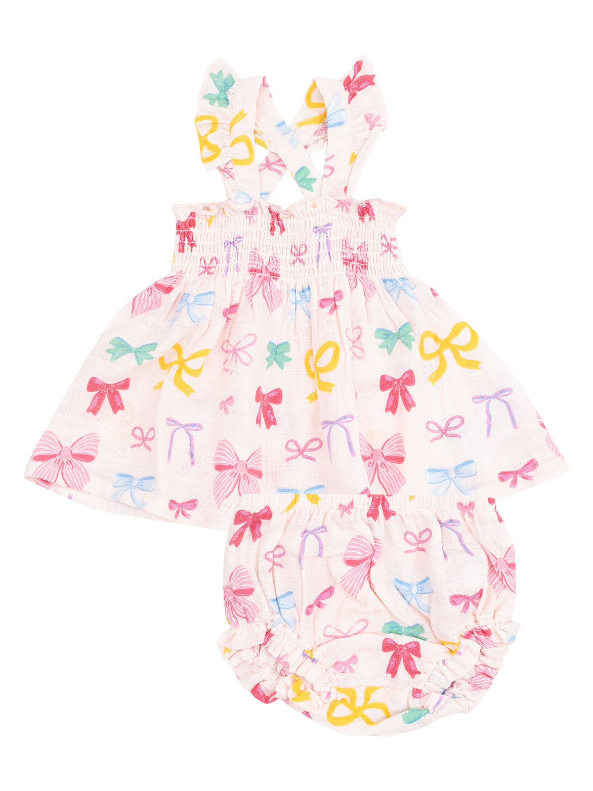 White dress and bloomers set with colorful bow patterns, ideal for children. Perfect for summer outings.