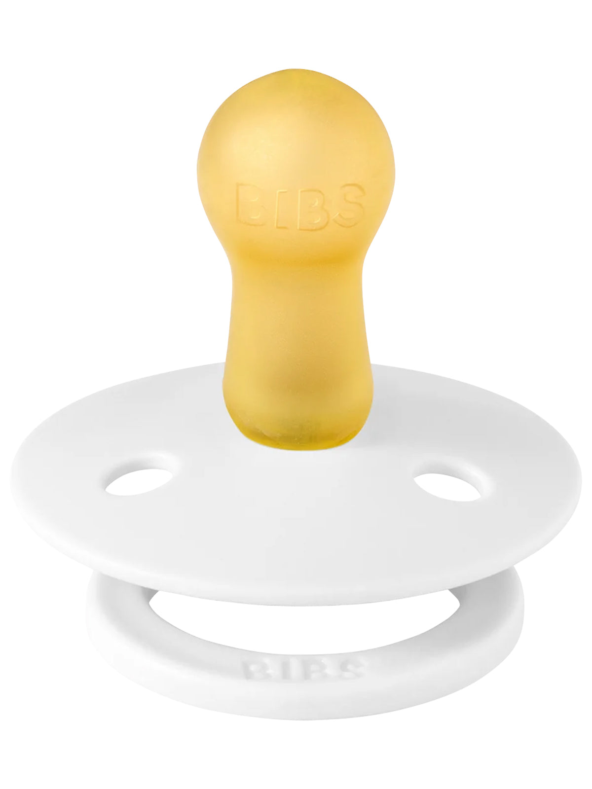 BIBS pacifier with a yellow nipple and white shield, designed for comfort and style for infants.