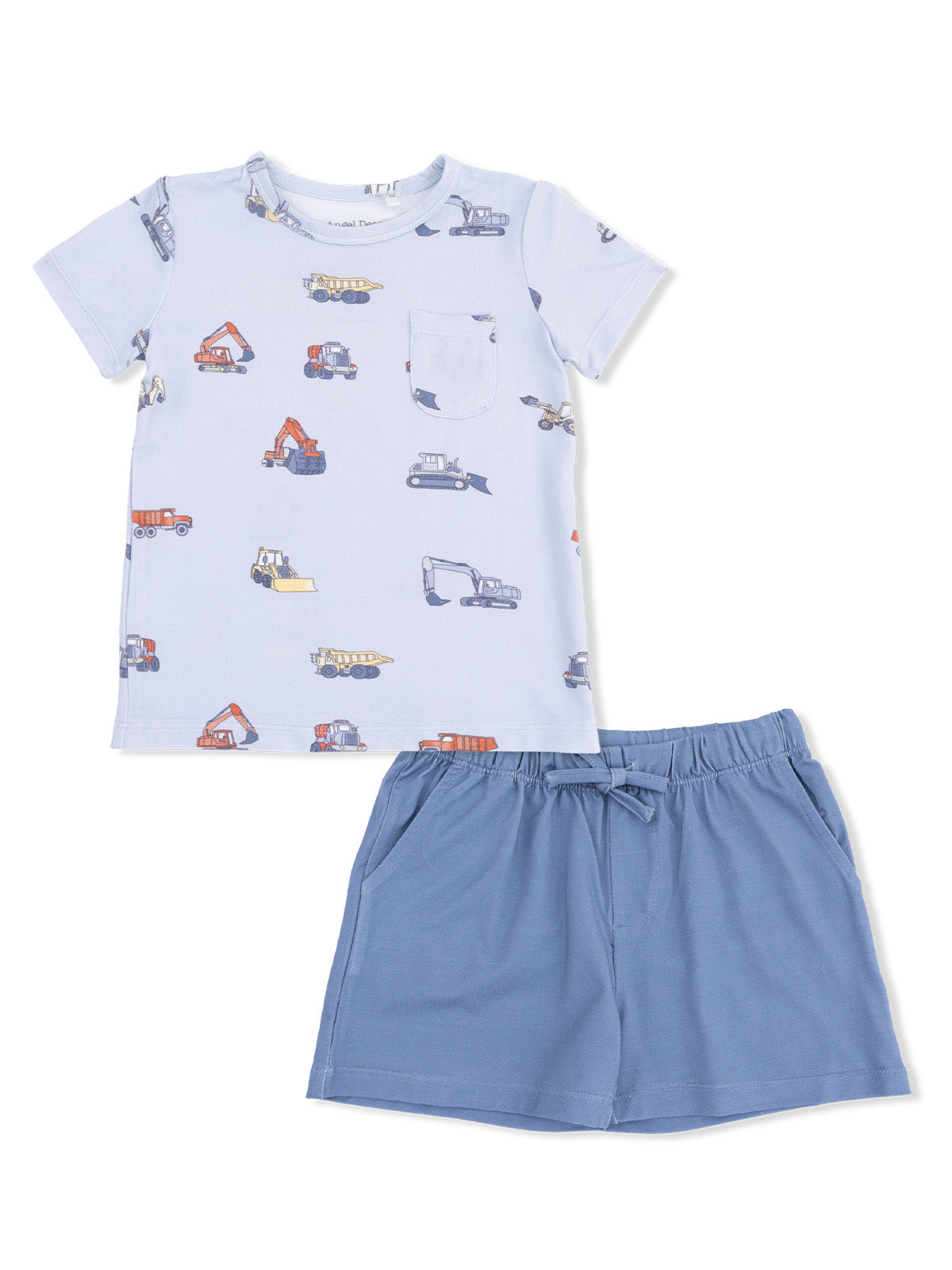 Children's shirt with construction vehicle graphics and matching blue shorts.