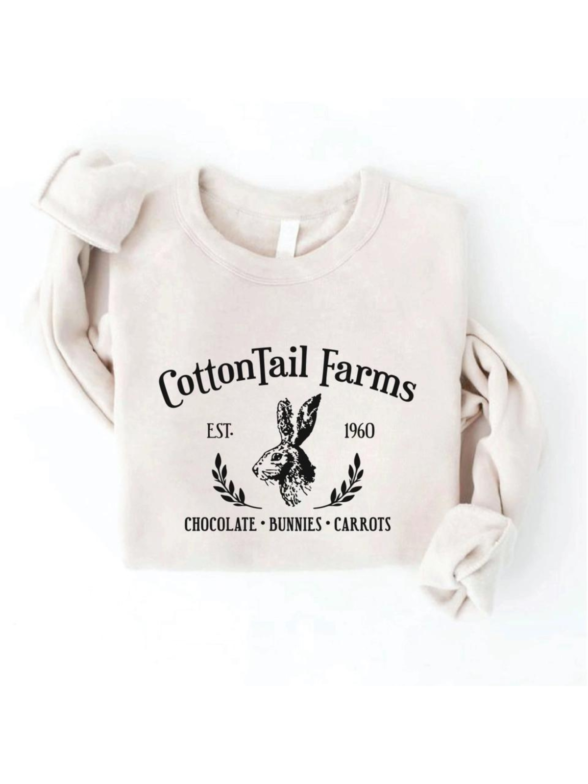 Sweatshirt with "CottonTail Farms" logo, featuring a rabbit and the text "Chocolate Bunnies Carrots," in black on beige.
