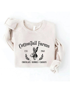 Sweatshirt with "CottonTail Farms" logo, featuring a rabbit and the text "Chocolate Bunnies Carrots," in black on beige.