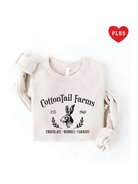 Cream sweatshirt with "CottonTail Farms" logo, featuring a bunny and text: "Chocolate • Bunnies • Carrots," plus size.