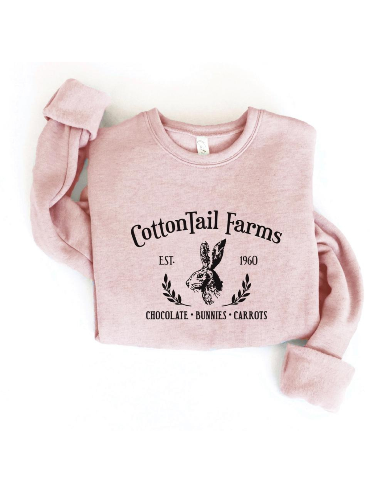 Light pink sweatshirt with "CottonTail Farms" logo, featuring a bunny, established 1960, and text: "Chocolate, Bunnies, Carrots."