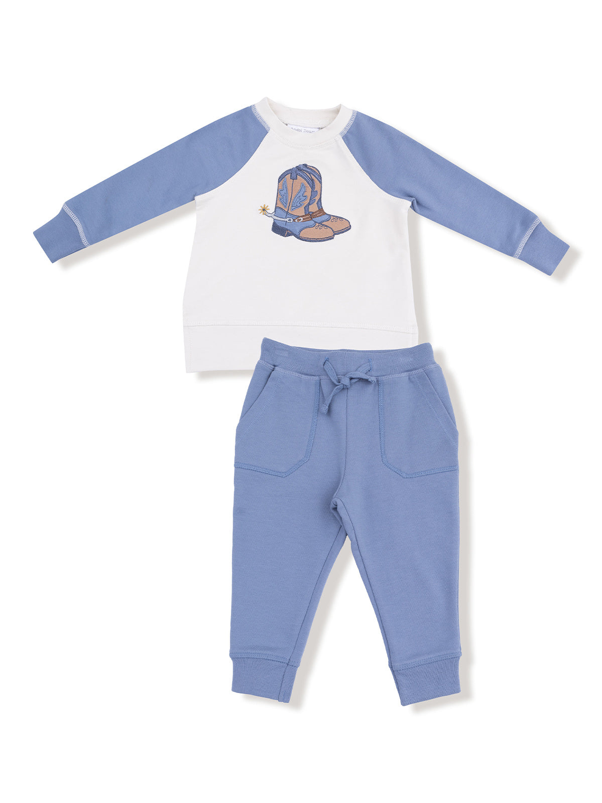 Kids' two-piece outfit featuring a white top with blue sleeves and a cowboy boot graphic, paired with blue jogger pants.