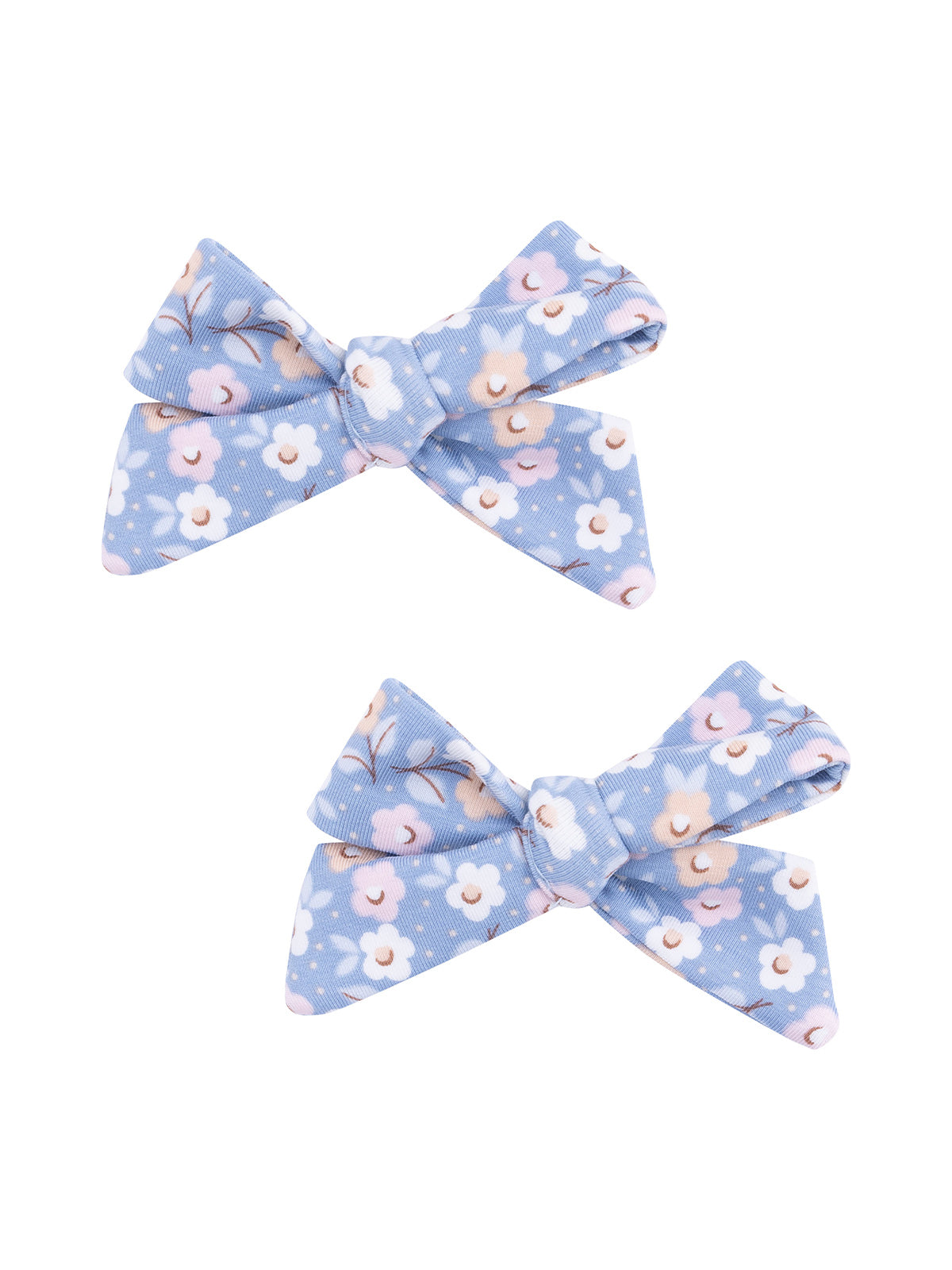 Two blue floral hair bows, featuring pink and white flowers, tied in a classic bow style.