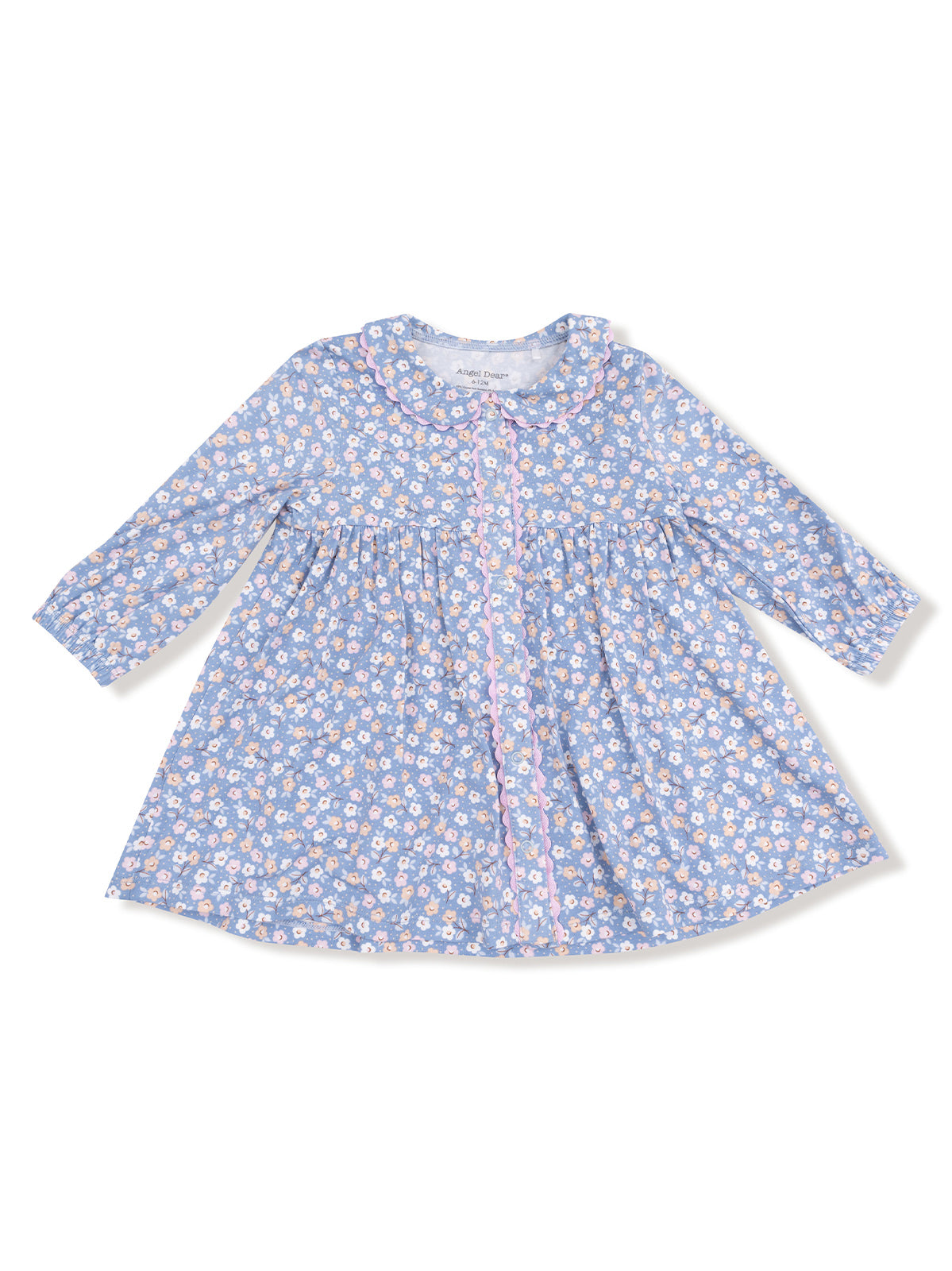 Blue floral dress with long sleeves and a round collar, featuring white, pink, and yellow flowers.