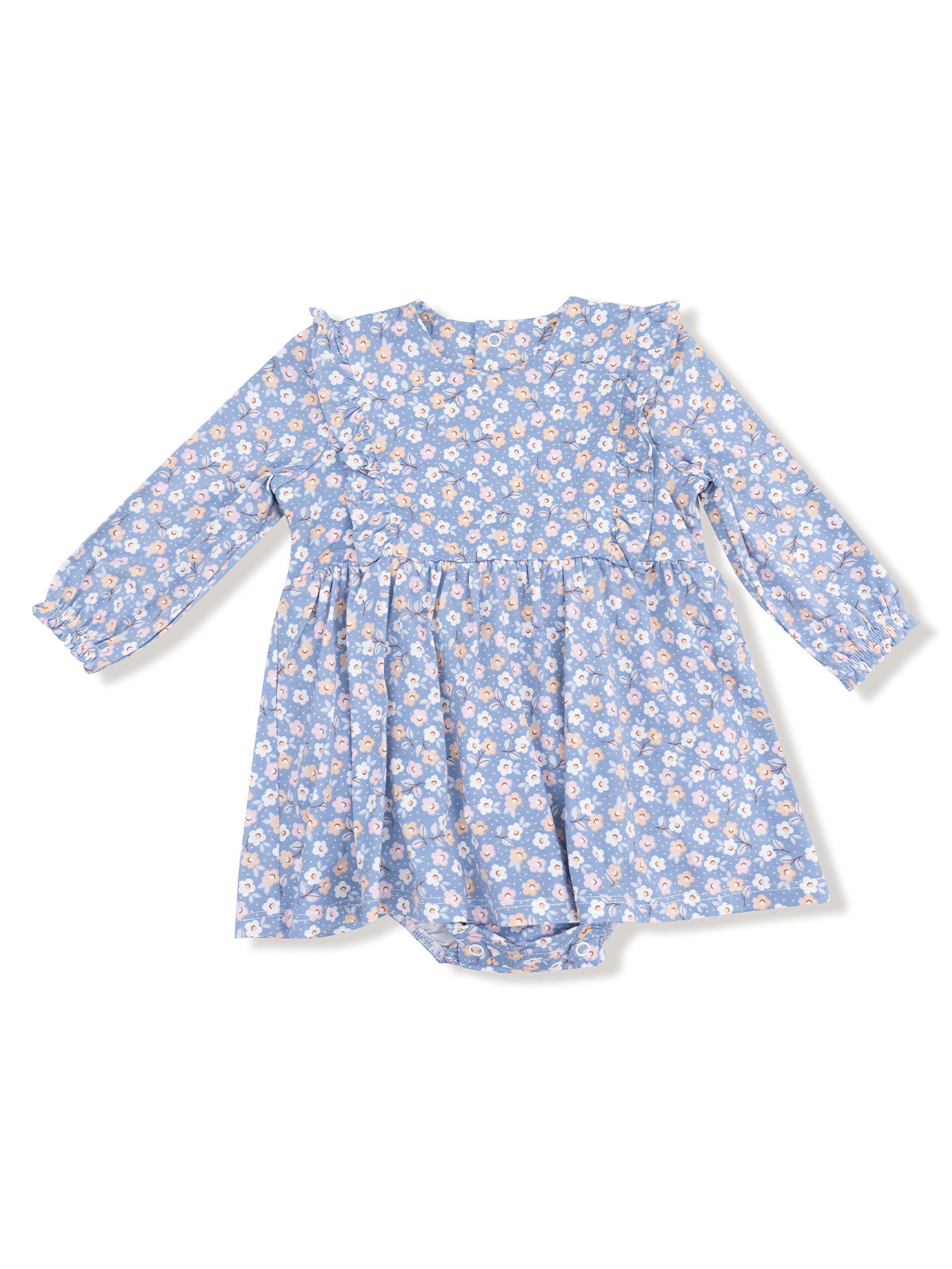 Light blue floral dress with ruffles and long sleeves, designed for infants.