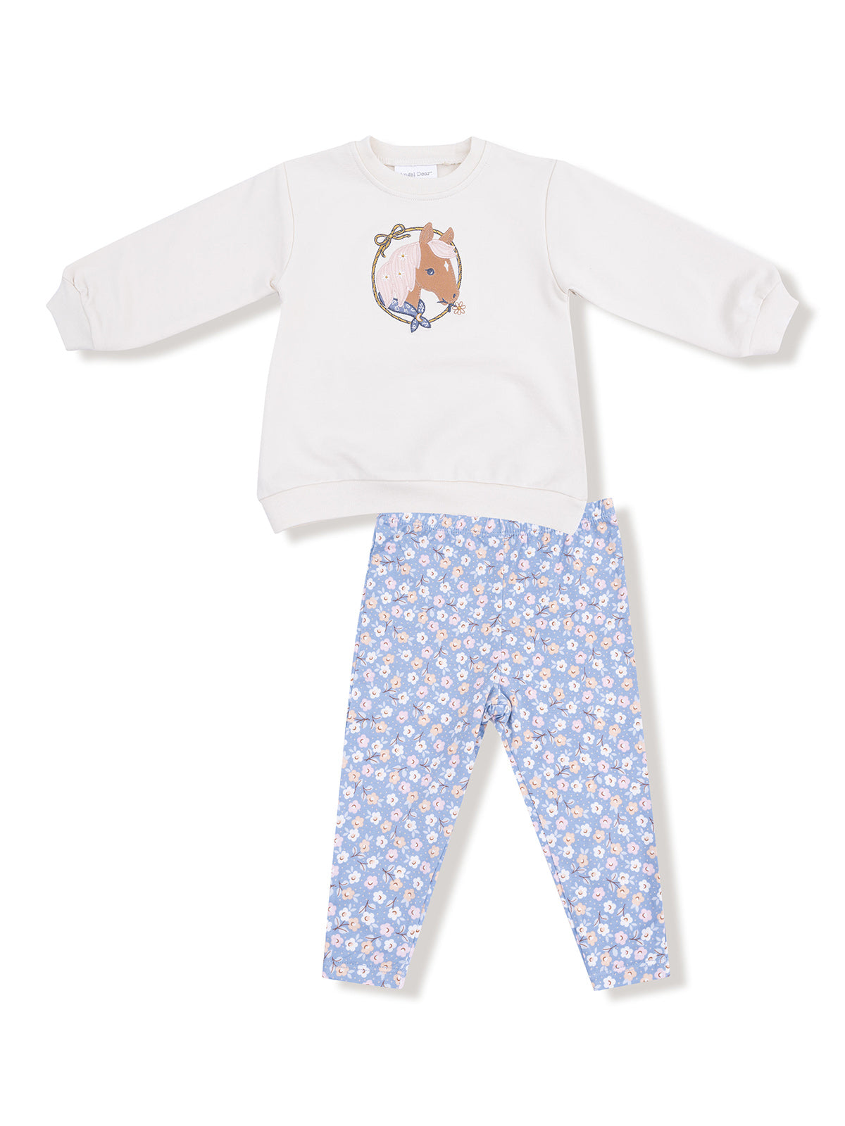 Children's outfit featuring a white sweatshirt with horse graphic and blue floral leggings.