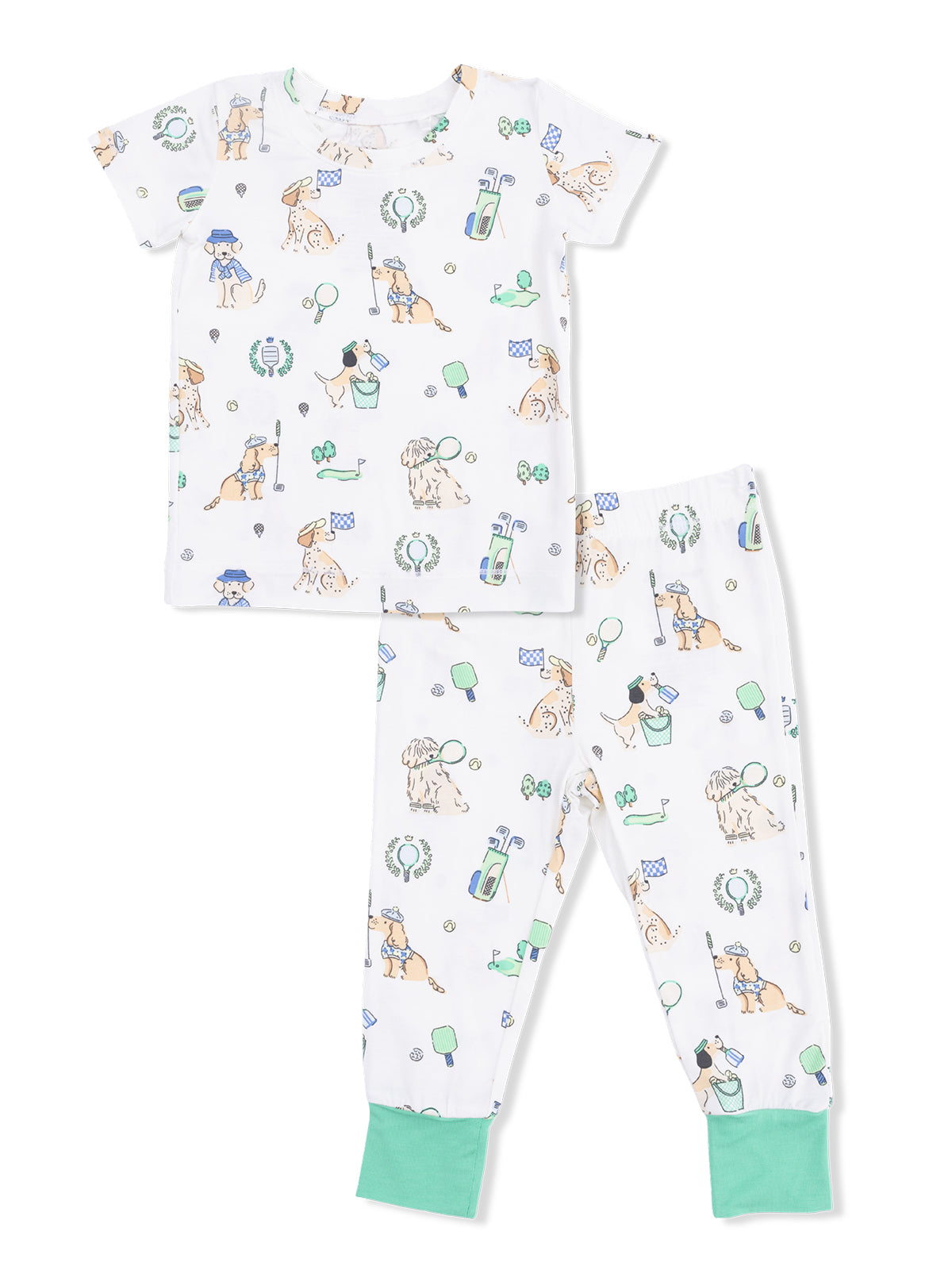 Kids' short-sleeve pajama set with playful dog print in pastel colors and contrasting green cuffs.