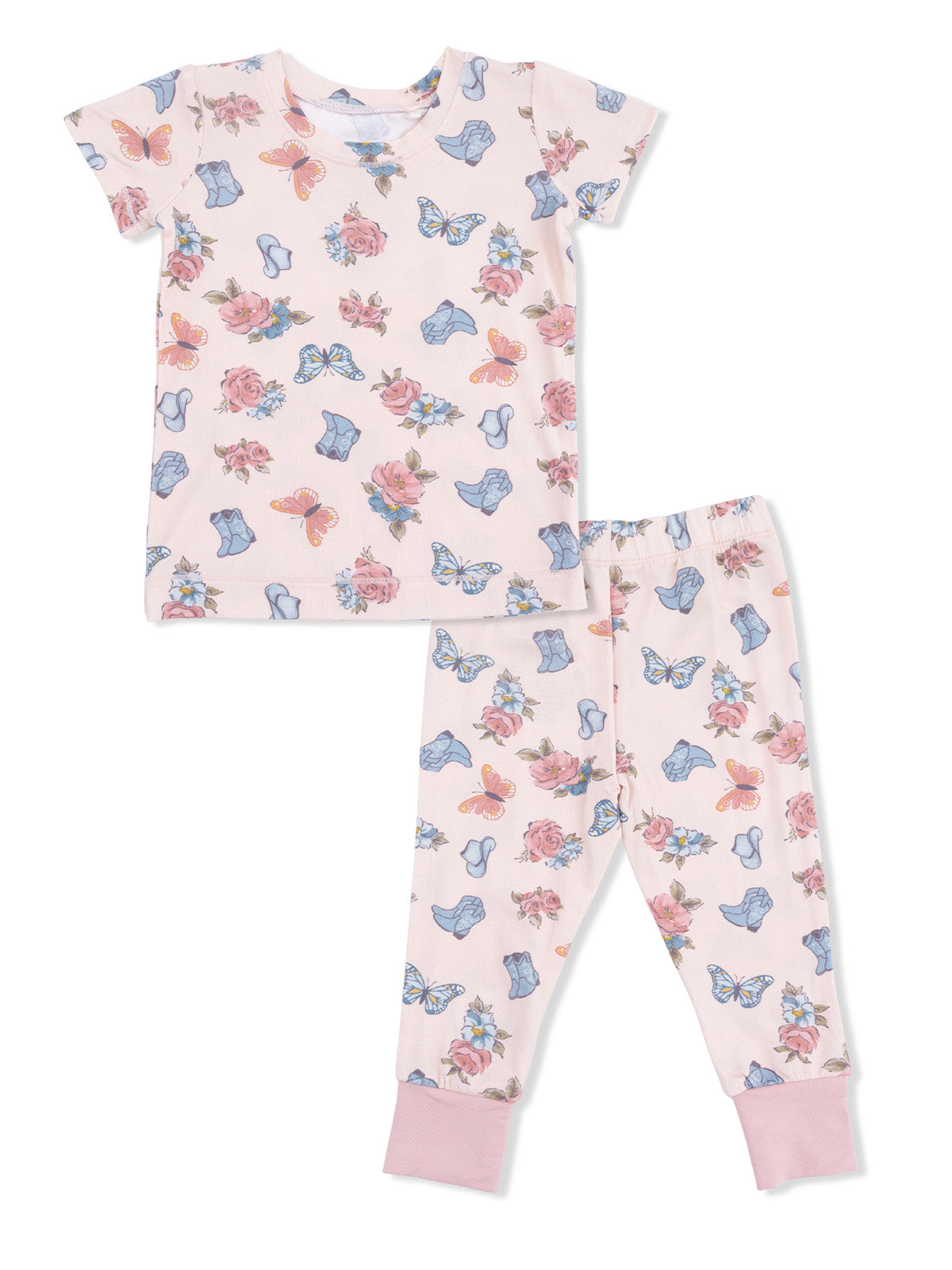 Pajama set for kids featuring short-sleeve top and pants with floral and butterfly print on a light pink background.