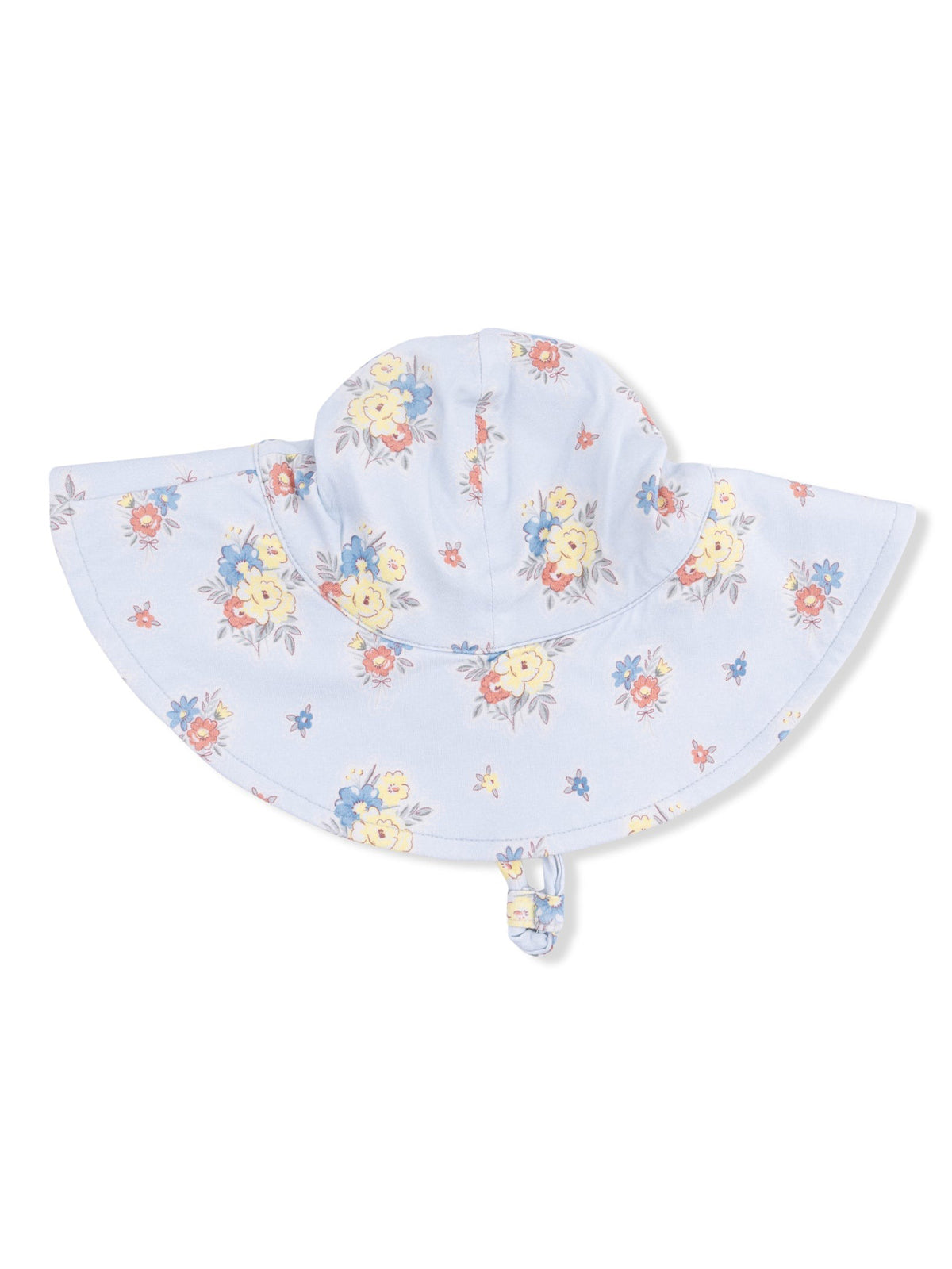 Light blue floral sun hat with wide brim and chin strap, ideal for sun protection and stylish outdoor wear.