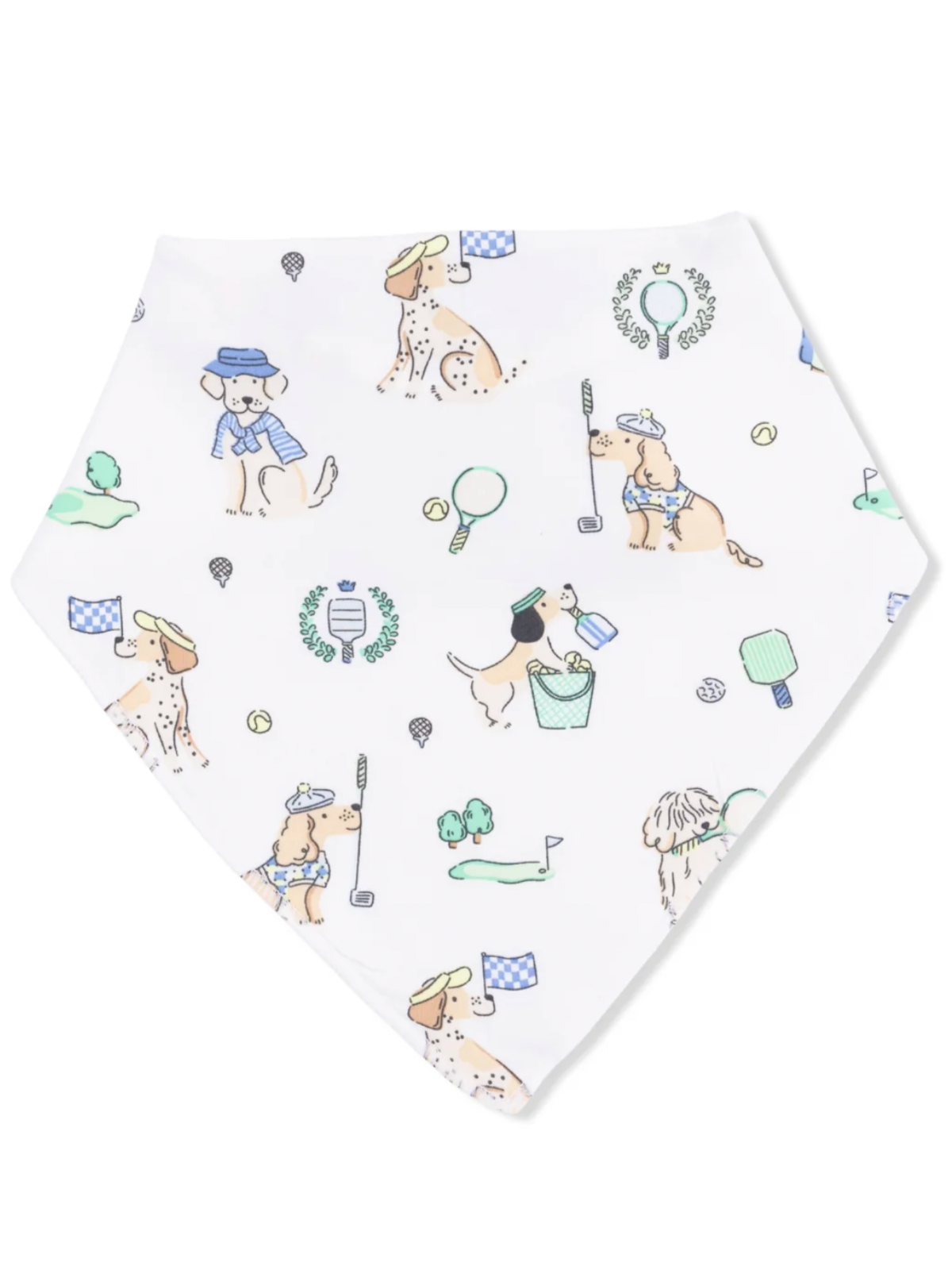 Patterned dog bandana featuring playful illustrations of dogs in sporty outfits and accessories.