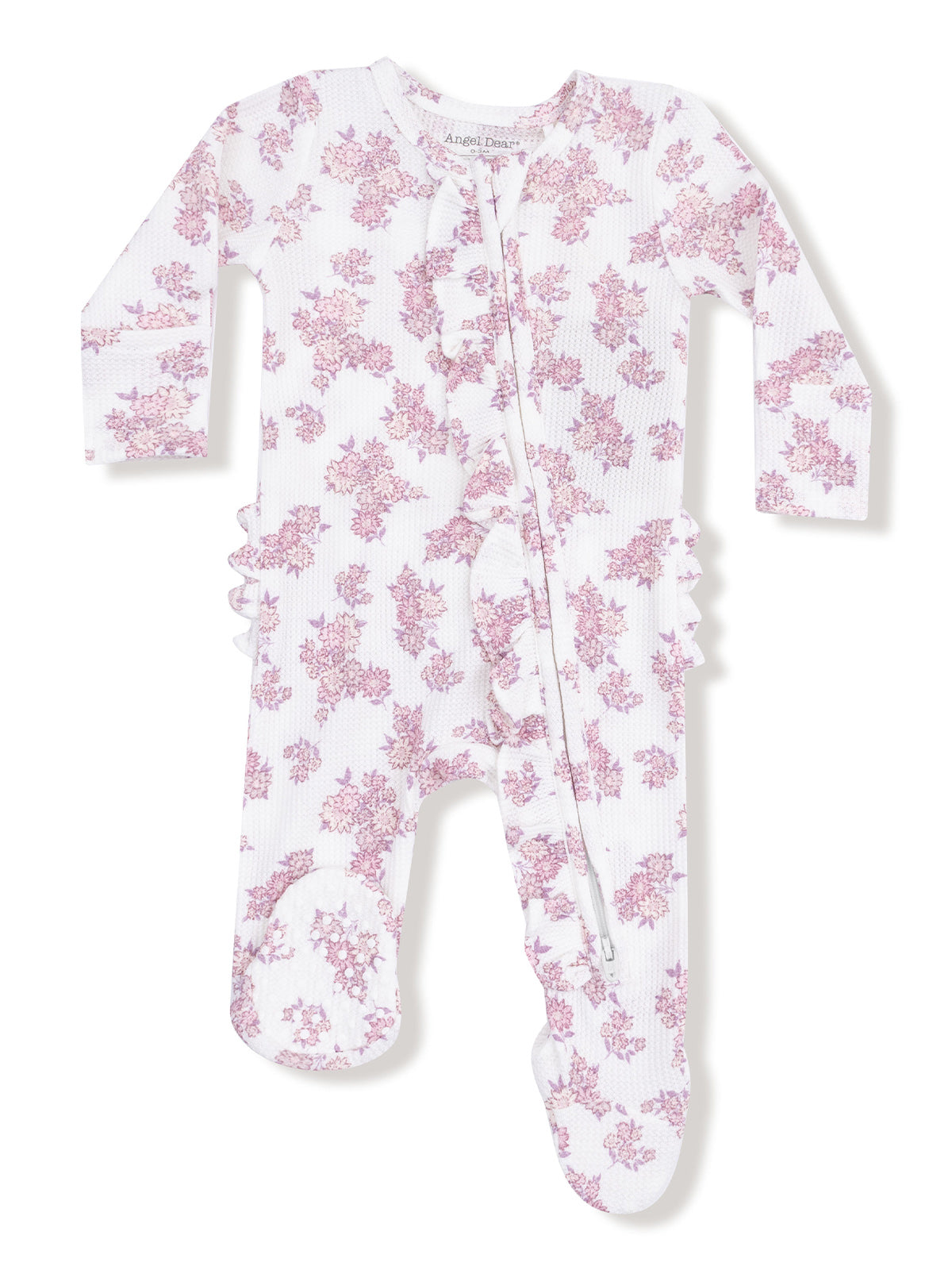 White baby onesie with pink floral pattern and ruffle details along the sides. Ideal for infants.
