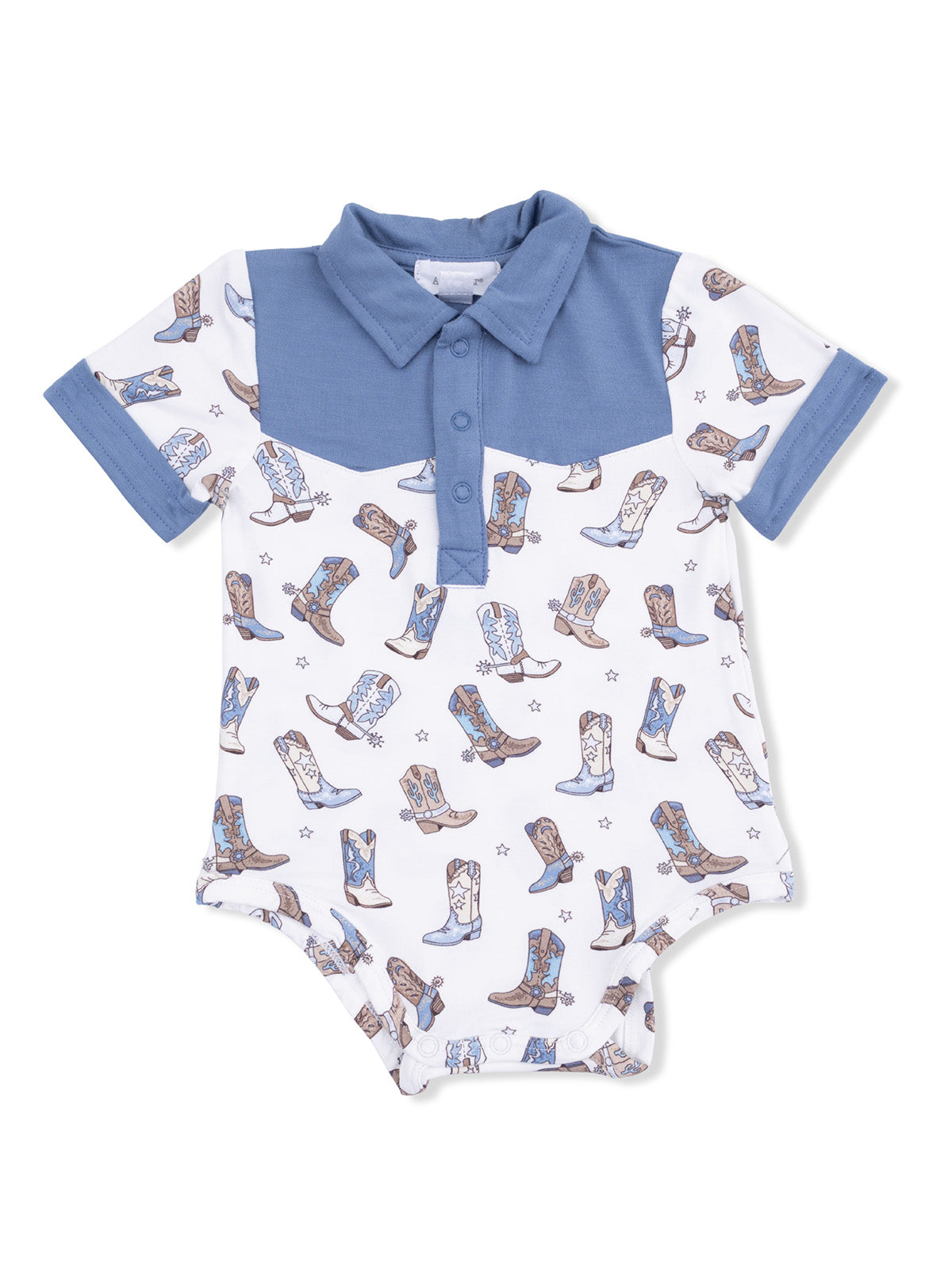 Blue-collared baby onesie featuring a fun cowboy boot print in various colors on a white background.