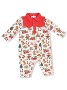Red-collared onesie with festive prints of bears, cars, and holiday motifs on a white background.