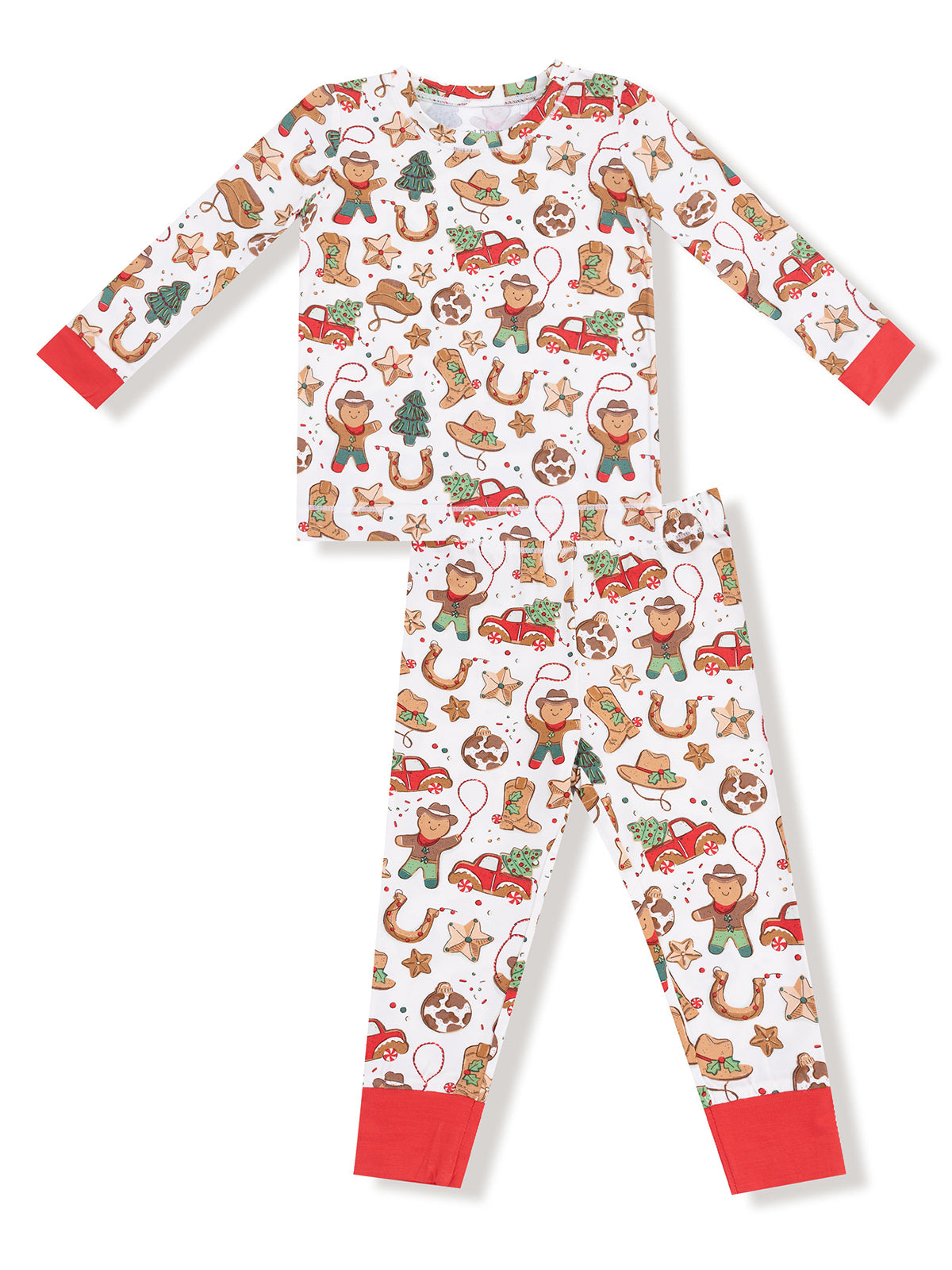 Children's pajama set with festive patterns featuring gingerbread men, holiday trees, and toys on a white background.