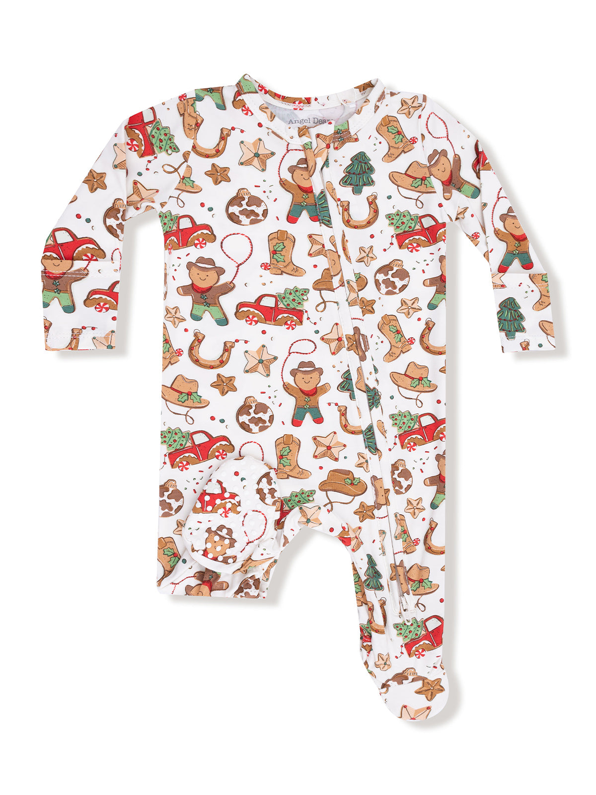 Holiday-themed baby onesie with gingerbread men, cookies, and festive decorations in a cheerful pattern.
