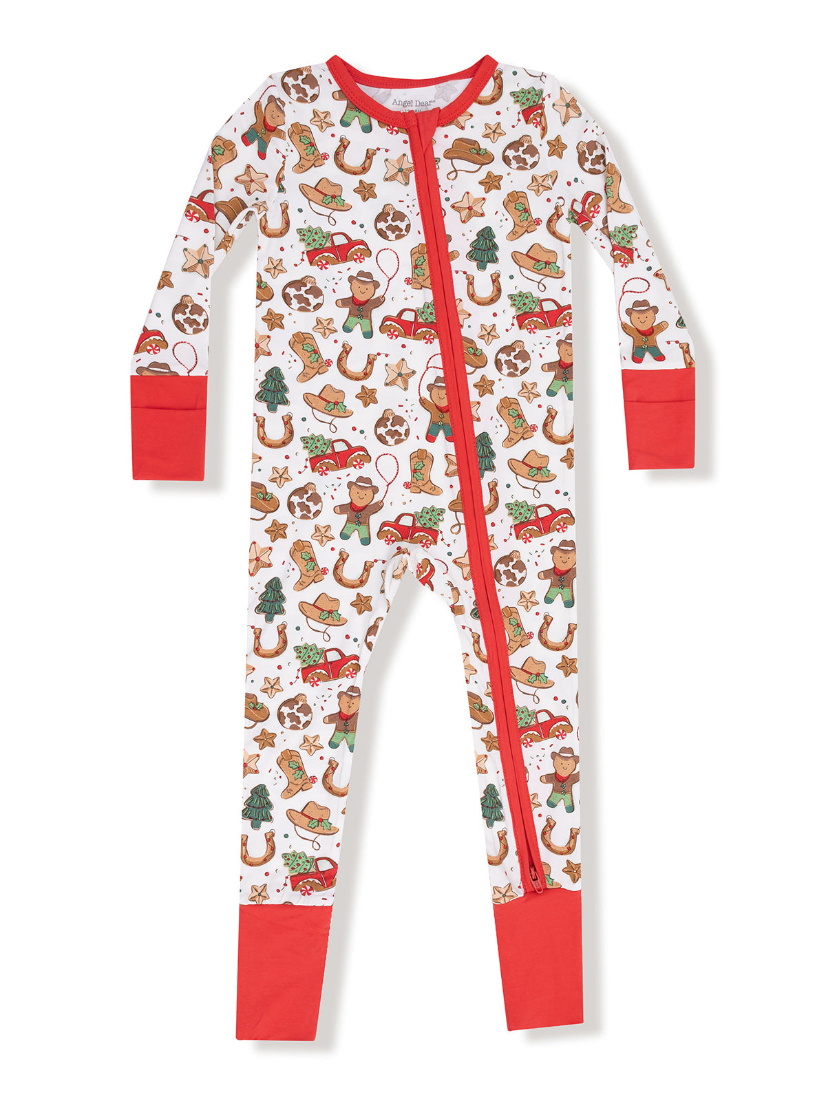 Children's holiday-themed onesie with gingerbread and festive patterns, featuring a red zip front and cuffs.