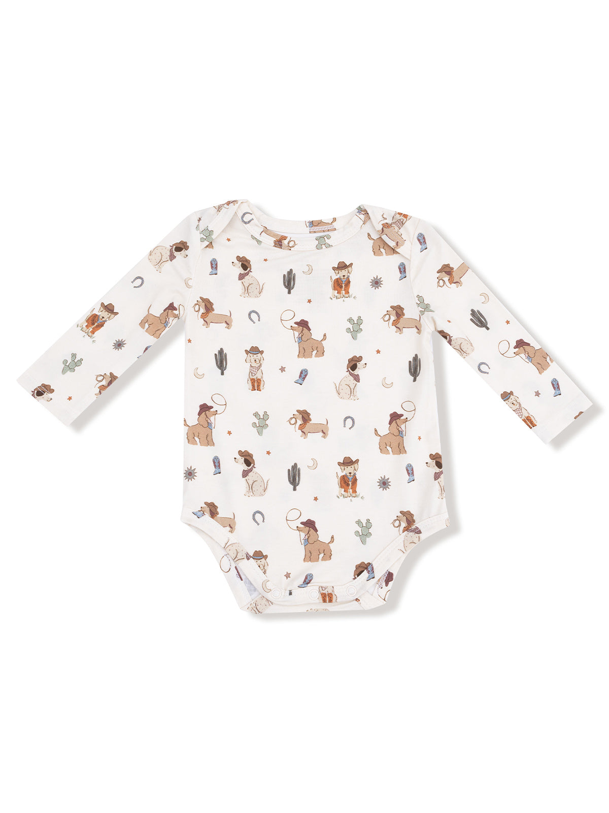 Long-sleeve baby onesie with playful dog and cactus patterns in earthy tones on a white background.