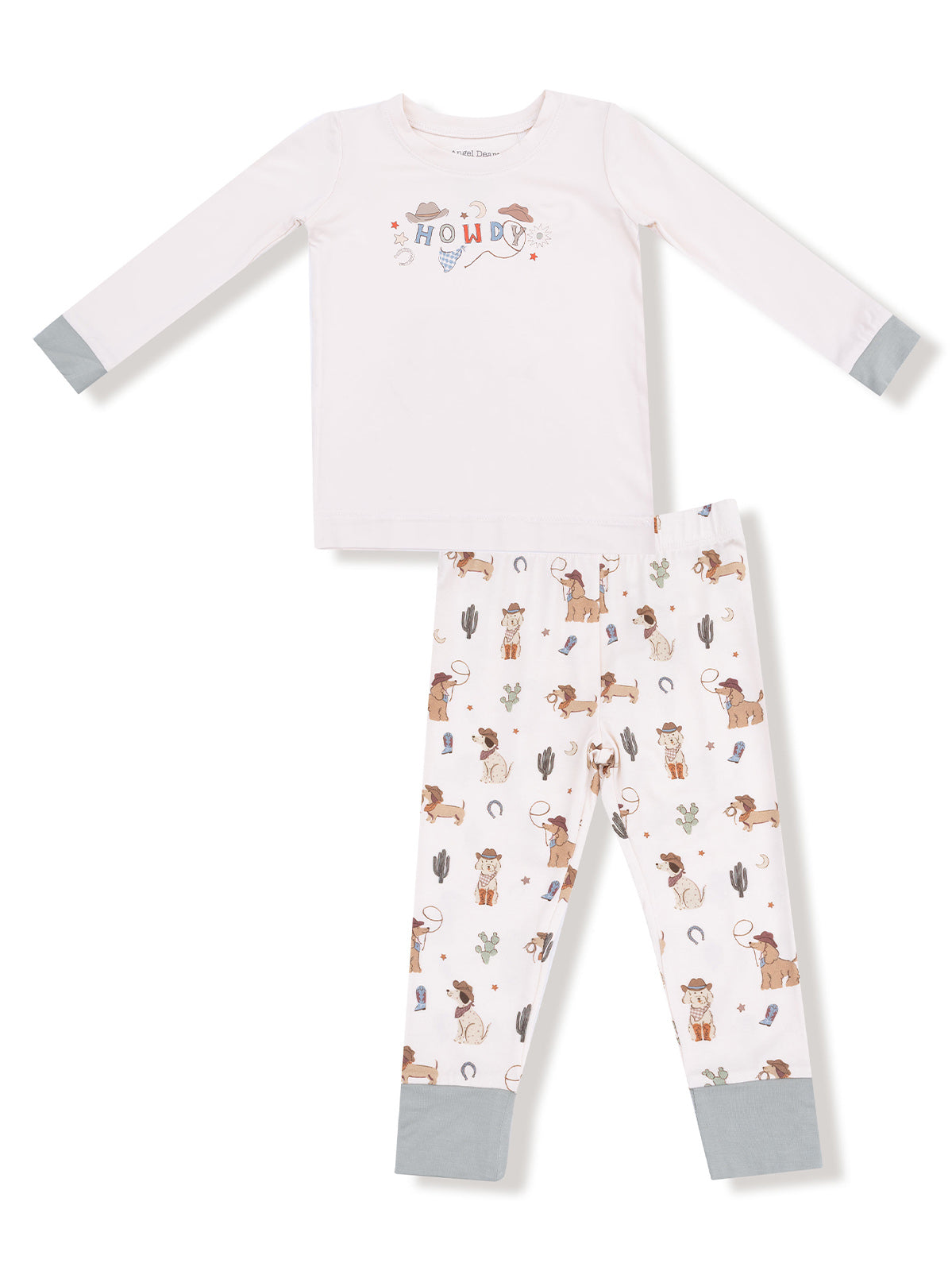 Children's pajamas featuring a "Howdy" graphic and fun animal patterns with cacti. Soft fabric and comfortable fit.